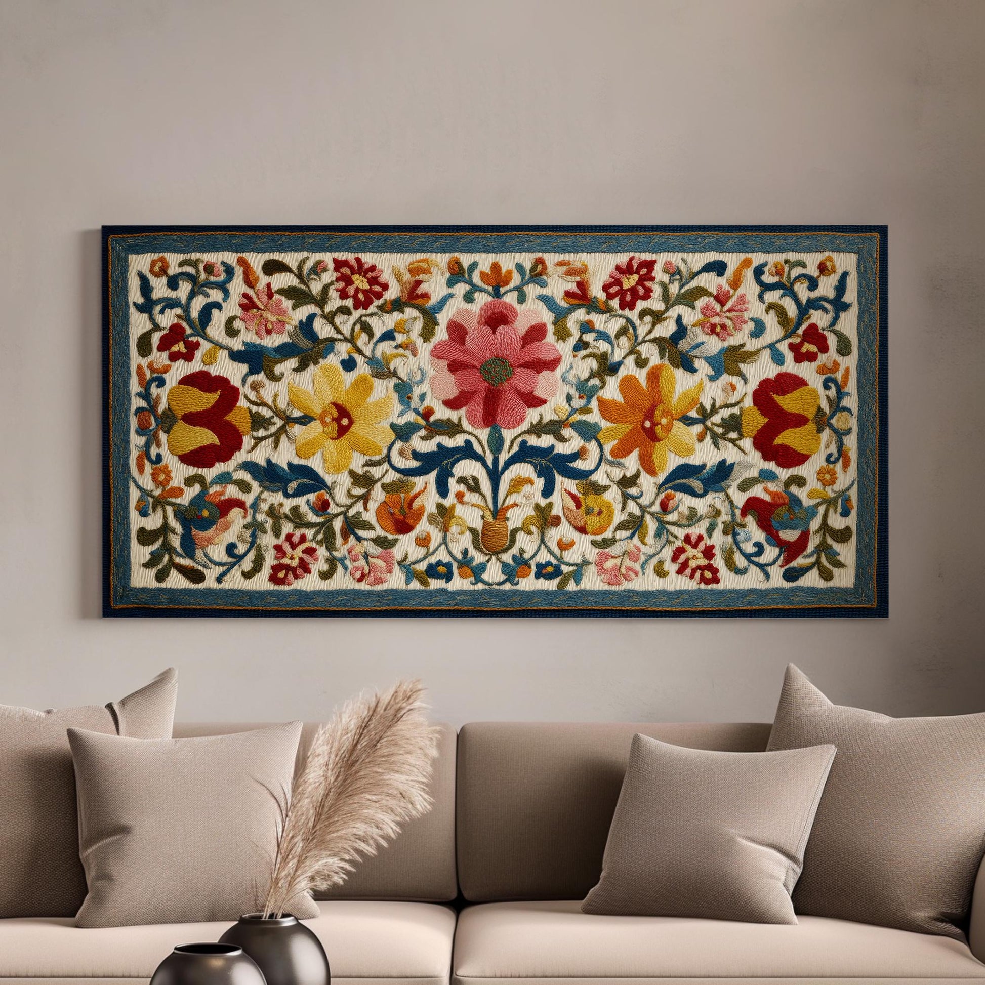 Colorful Floral Tapestry Canvas Art | Folk Art Print | Eclectic Wall Art For Living Room | Scarlet Bloom Art | Botanical Horizontal Art