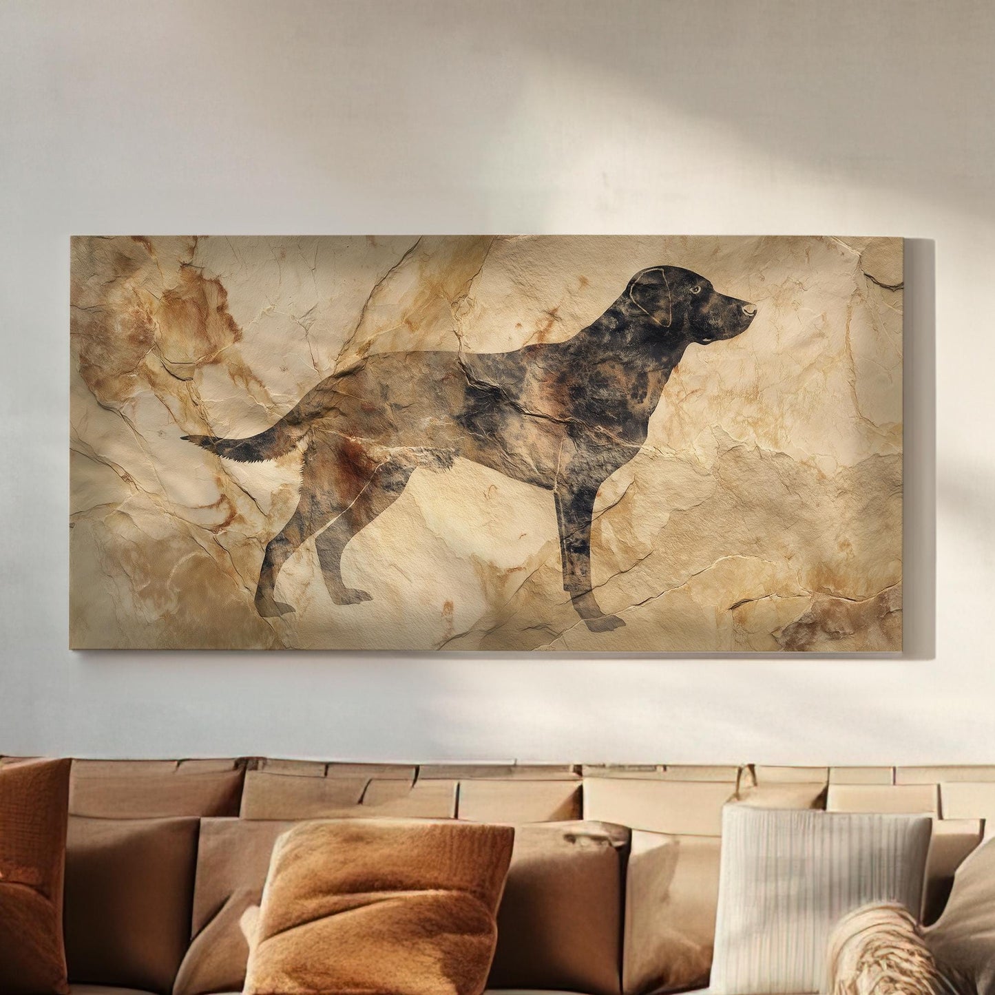 Dog Silhouette Canvas Art | Rustic Print | Rustic Wall Art For Living Room | Sepia Sand Art | Animal Decor Horizontal Art