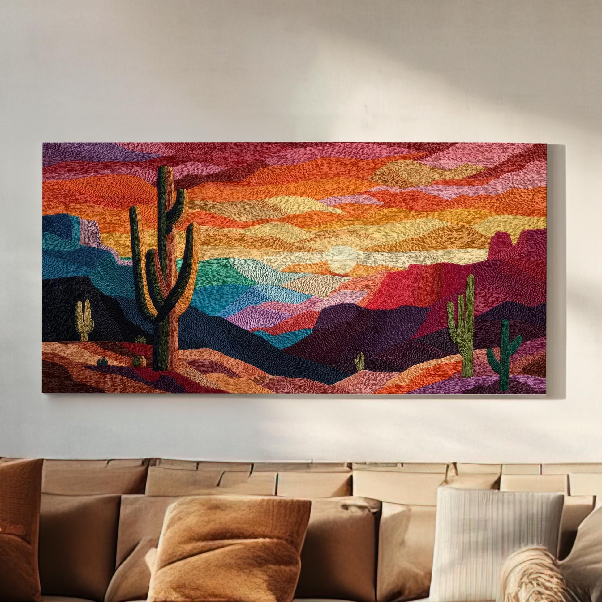 Desert Sunset Symphony Canvas Art | Abstract Landscape Print | Southwestern Style Wall Art For Living Room | Sunset Ember Art | Cactus Art