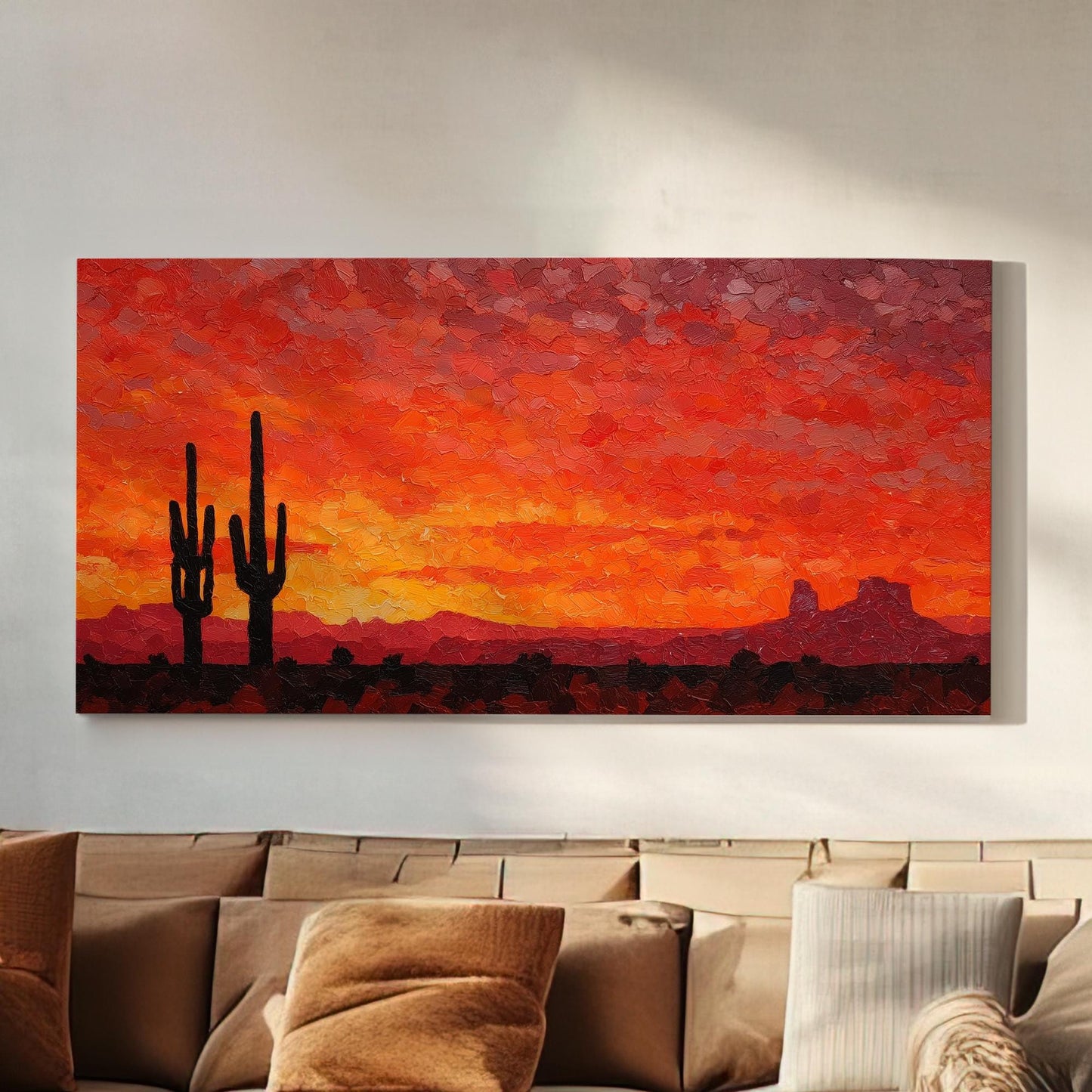 Desert Dusk Canvas Art | Impressionist Sunset Print | Rustic Wall Art For Living Room | Fiery Ember Art | Cactus Landscape Horizontal Art