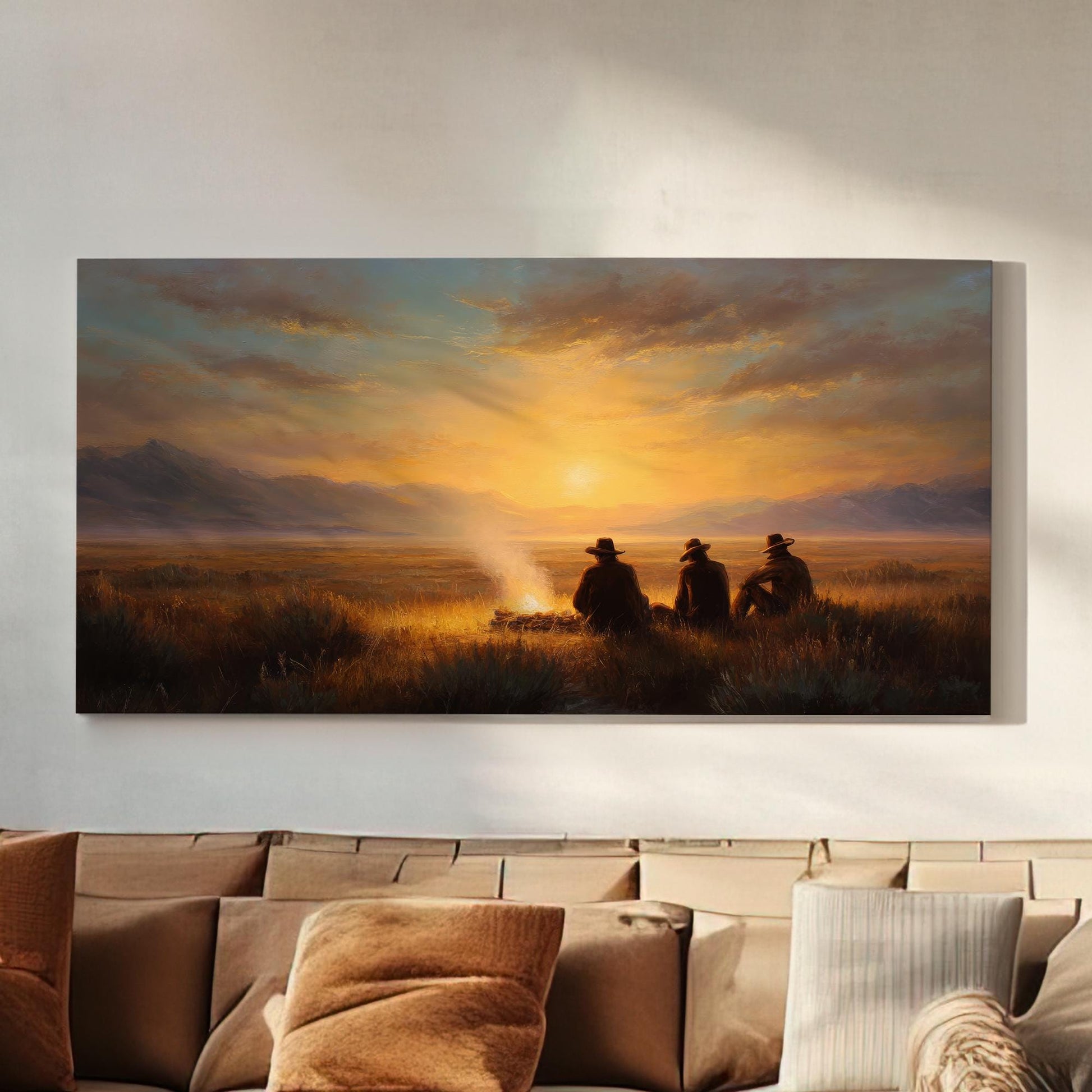 Campfire Sunset Reflections Canvas Art | Western Landscape Print | Rustic Wall Art For Living Room | Amber Glow Art | Evening Gathering Art