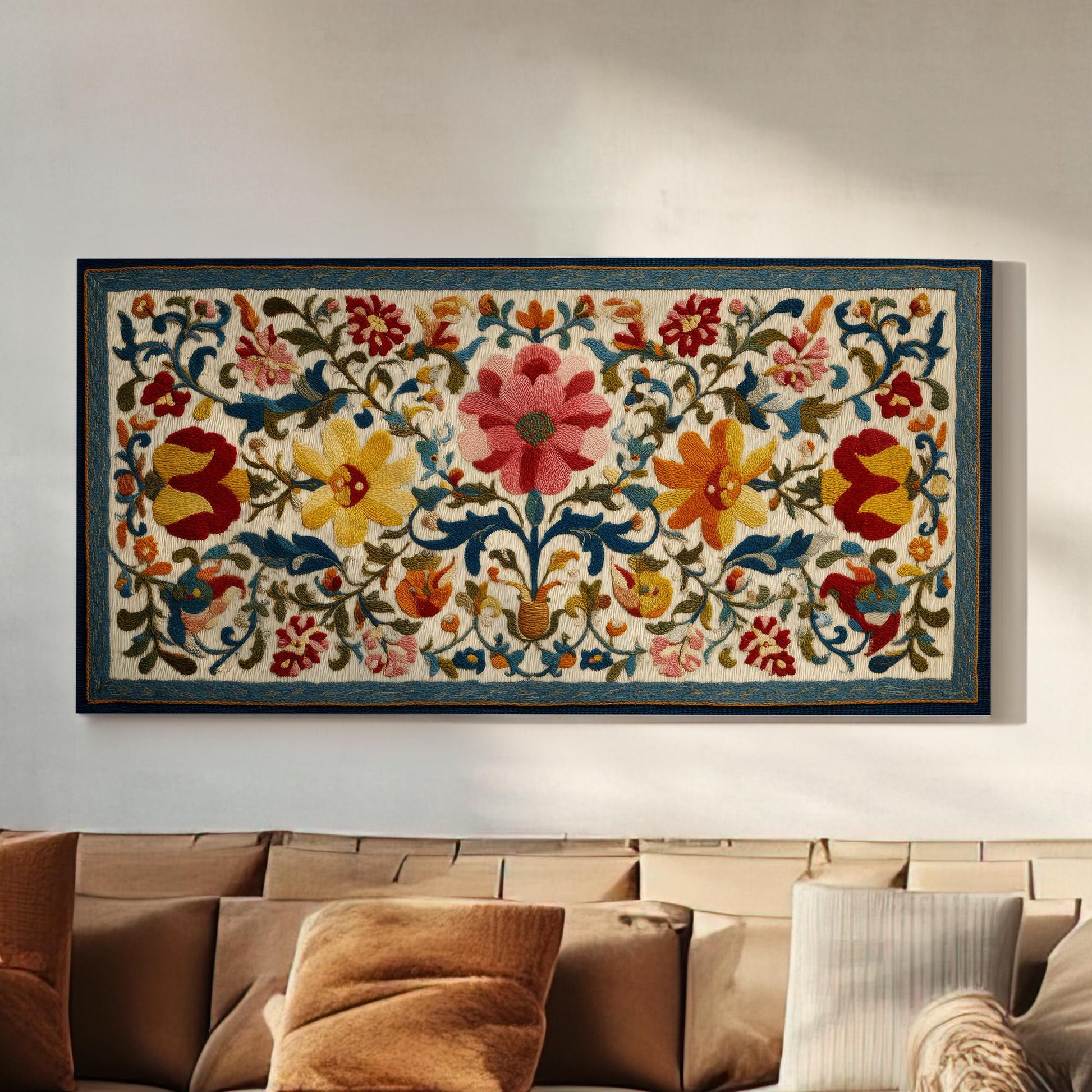 Colorful Floral Tapestry Canvas Art | Folk Art Print | Eclectic Wall Art For Living Room | Scarlet Bloom Art | Botanical Horizontal Art