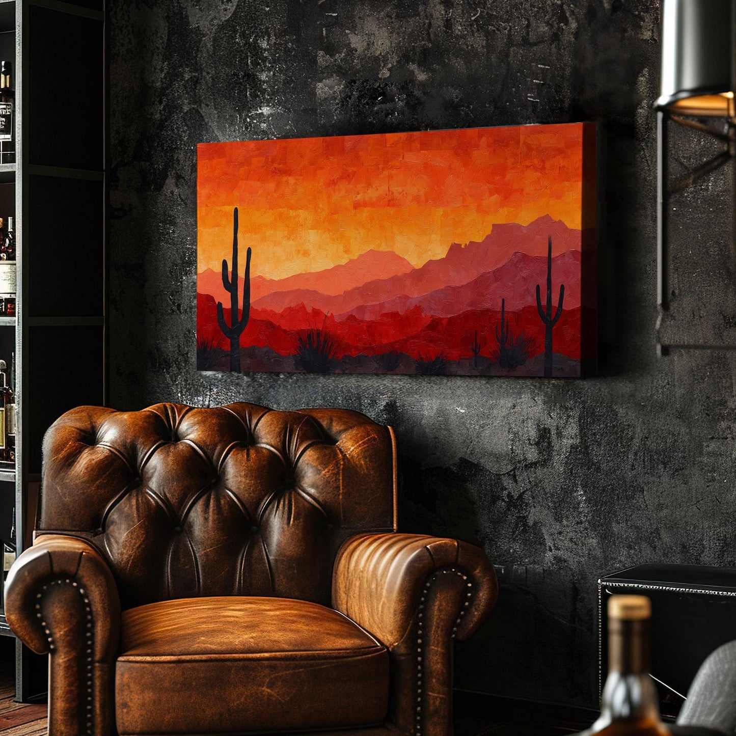 Fiery Desert Sunset Canvas Art | Impressionist Print | Rustic Wall Art For Living Room | Sunset Ember Art | Cactus Landscape Horizontal Art