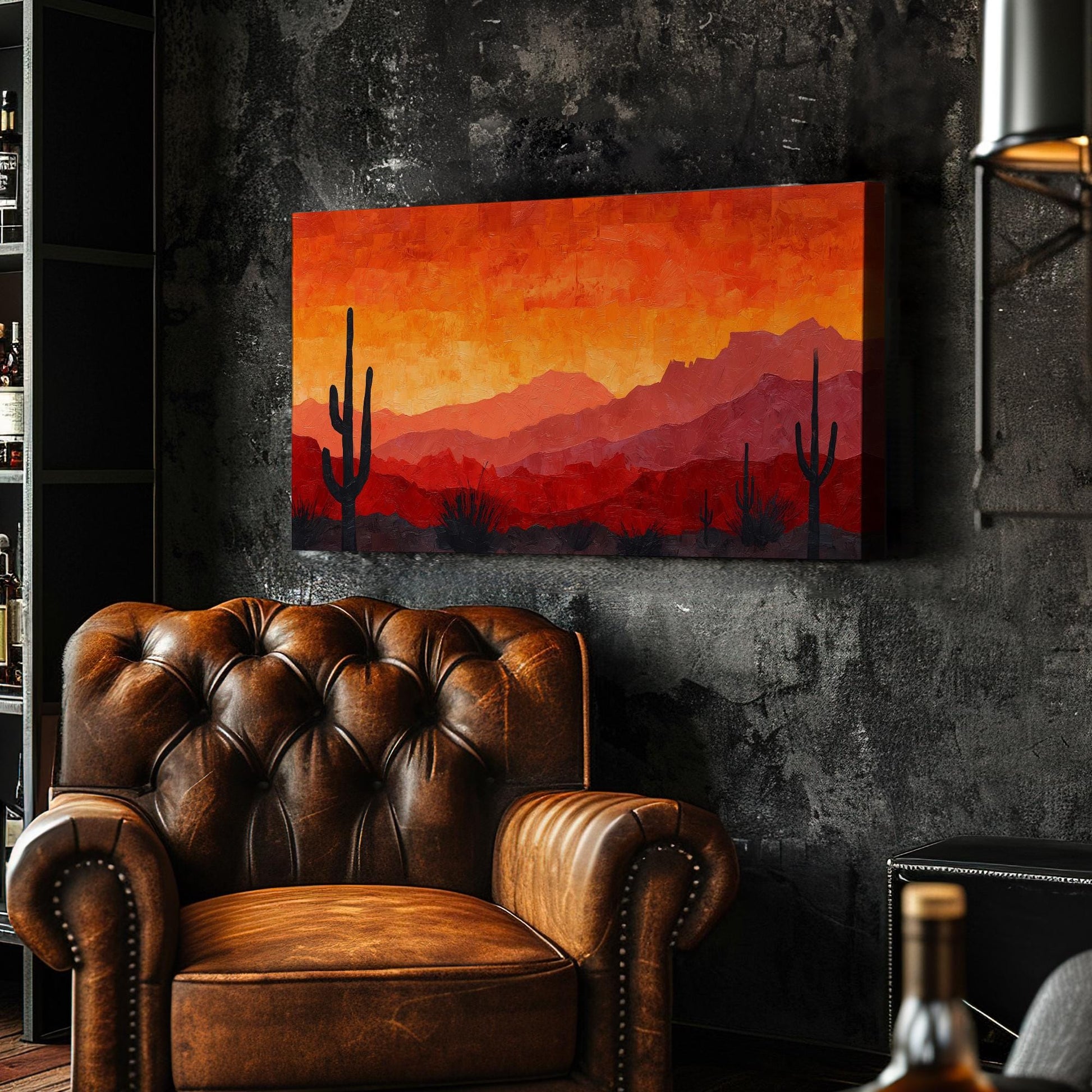 Fiery Desert Sunset Canvas Art | Impressionist Print | Rustic Wall Art For Living Room | Sunset Ember Art | Cactus Landscape Horizontal Art