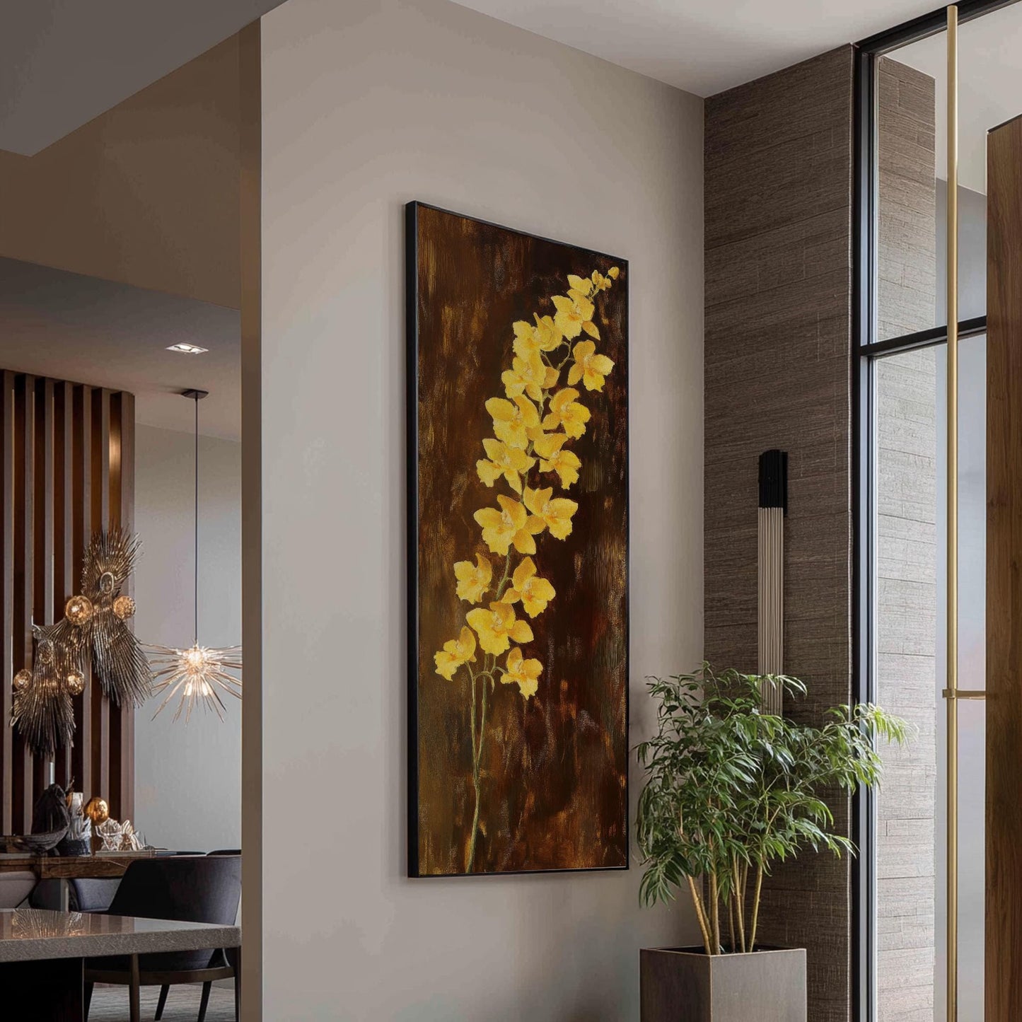 Golden Orchids Canvas Art | Impasto Floral Print | Bohemian Wall Art For Living Room | Honey Amber Art Long Vertical Art