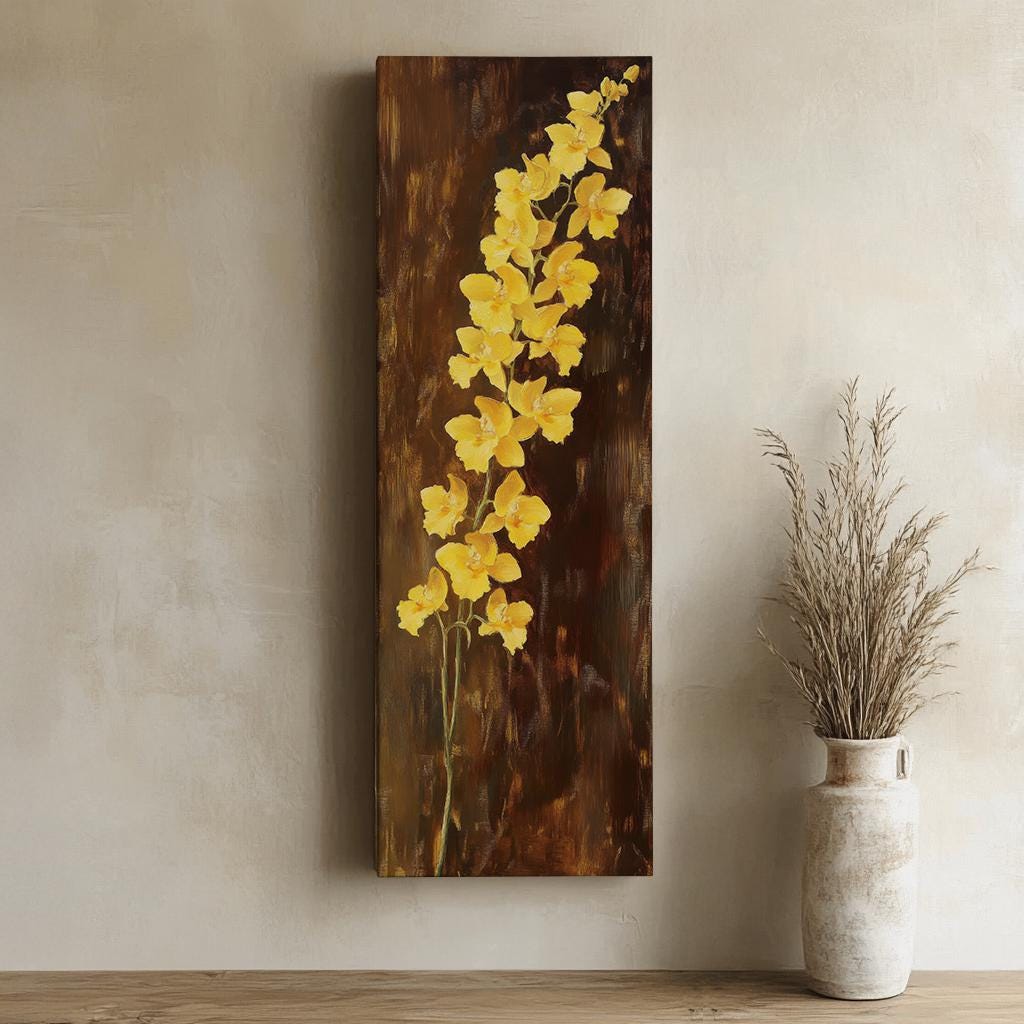 Golden Orchids Canvas Art | Impasto Floral Print | Bohemian Wall Art For Living Room | Honey Amber Art Long Vertical Art