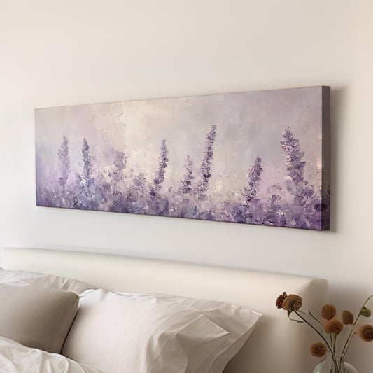 Lavender Field Impressionism Canvas Art | Palette Knife Impasto Print | Bohemian Wall Art For Bedroom | Lilac Mist Art Panoramic Wall Art