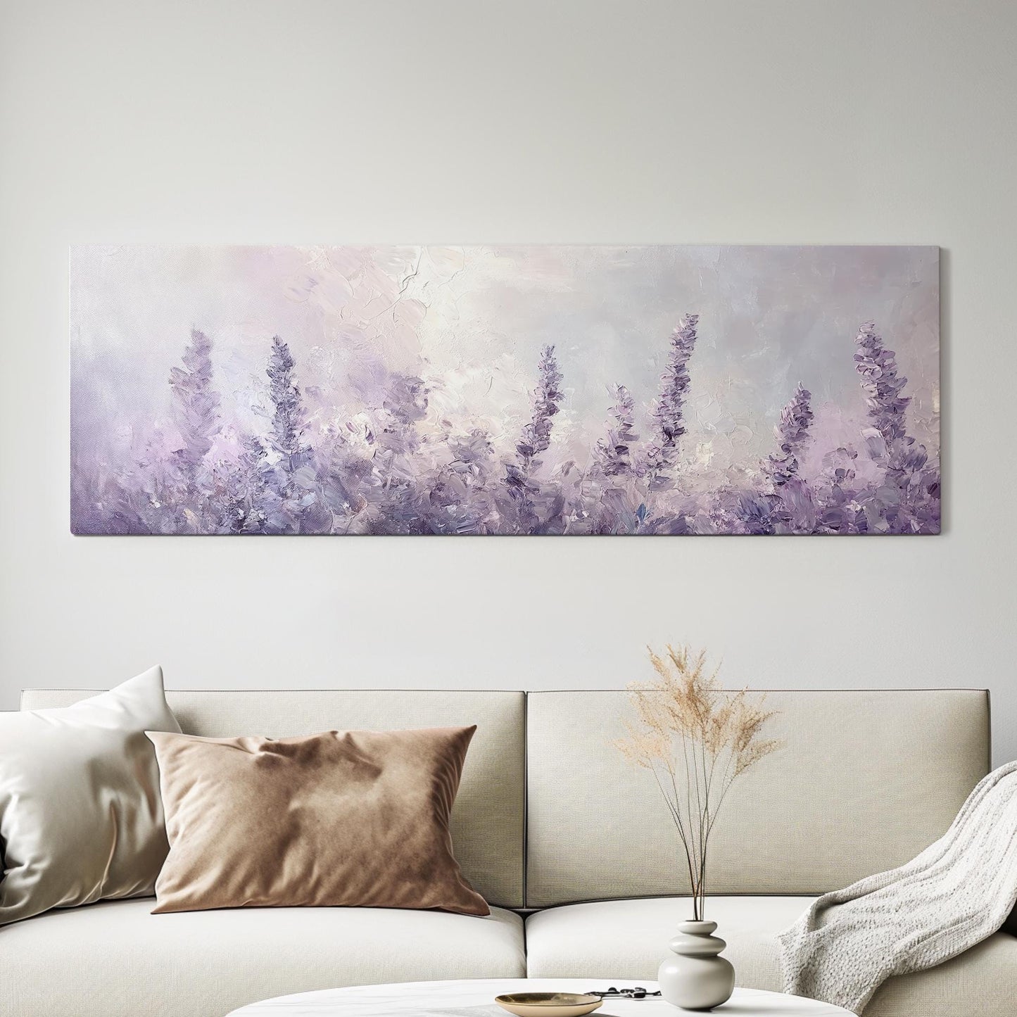 Lavender Field Impressionism Canvas Art | Palette Knife Impasto Print | Bohemian Wall Art For Bedroom | Lilac Mist Art Panoramic Wall Art