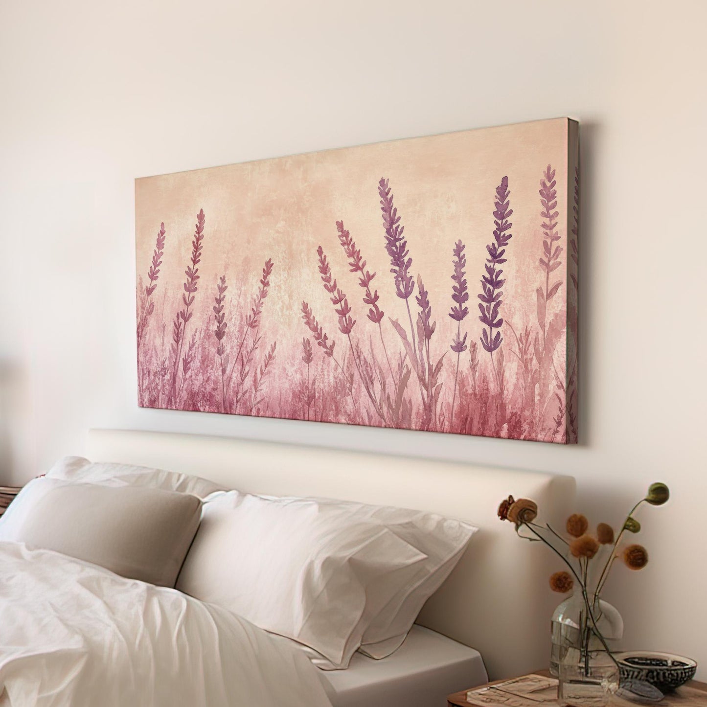 Lavender Field Watercolor Canvas Art | Romantic Botanical Print | Bohemian Wall Art For Bedroom | Blush Pink Mauve Art Horizontal Art