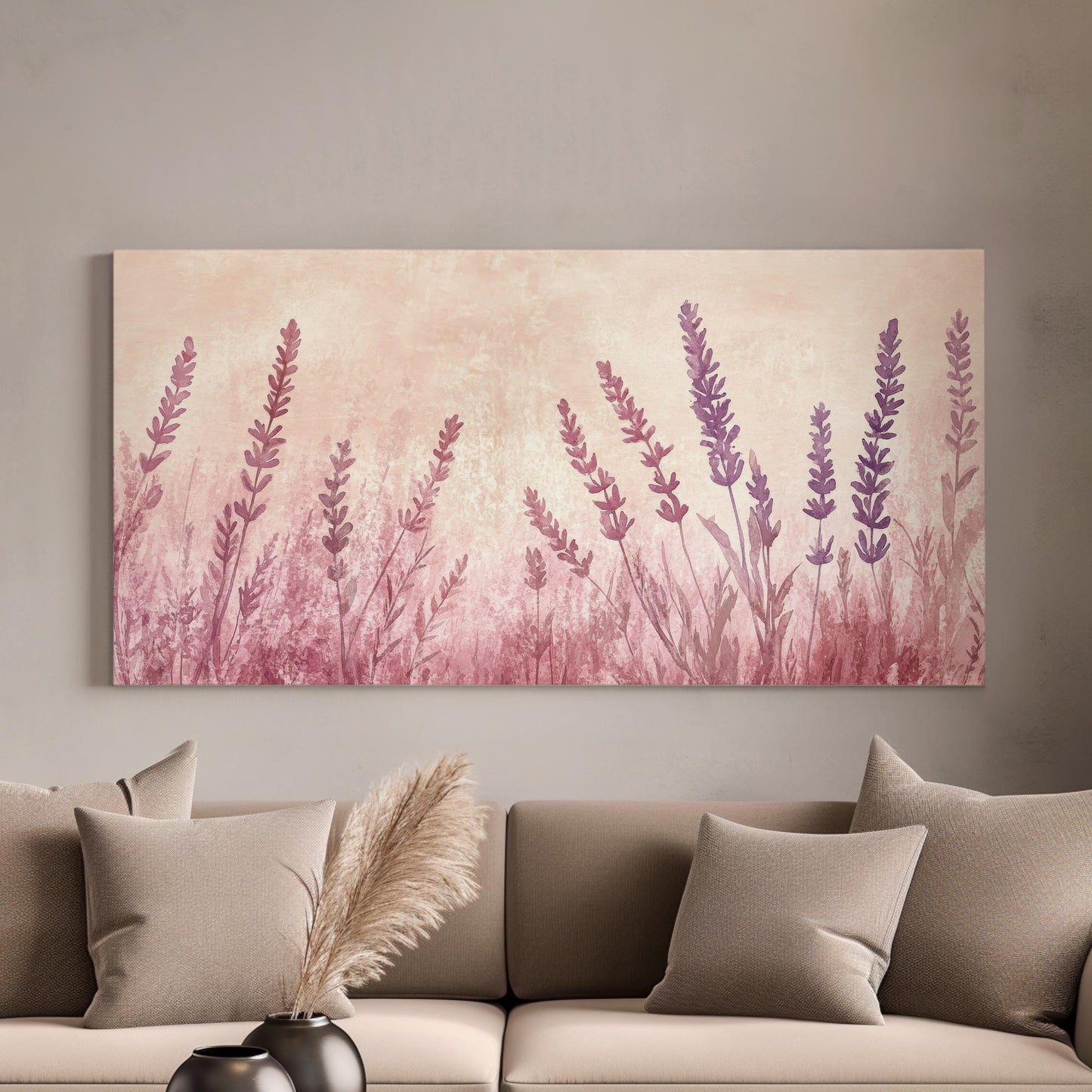 Lavender Field Watercolor Canvas Art | Romantic Botanical Print | Bohemian Wall Art For Bedroom | Blush Pink Mauve Art Horizontal Art