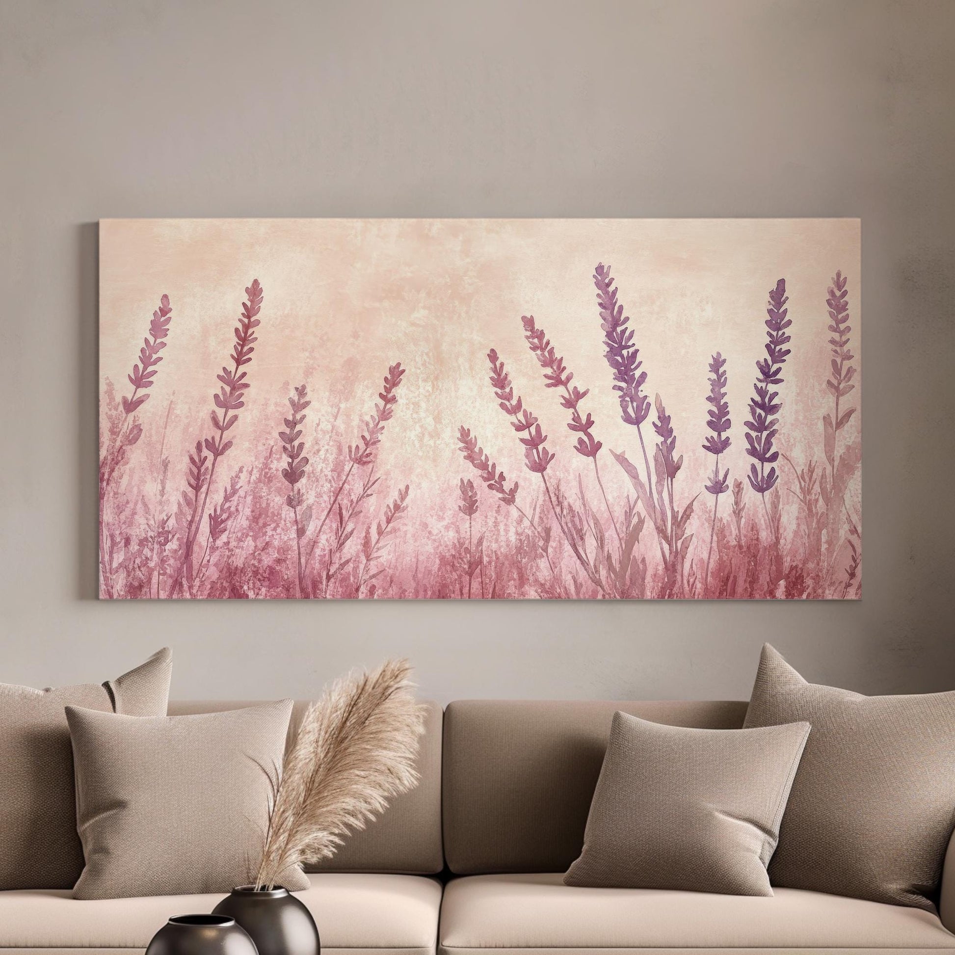 Lavender Field Watercolor Canvas Art | Romantic Botanical Print | Bohemian Wall Art For Bedroom | Blush Pink Mauve Art Horizontal Art