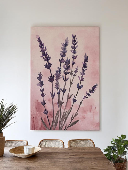 Lavender Watercolor Botanical Canvas Art | Loose Minimalist Print | Tranquil Spa Wall Art For Bedroom Vertical Canvas