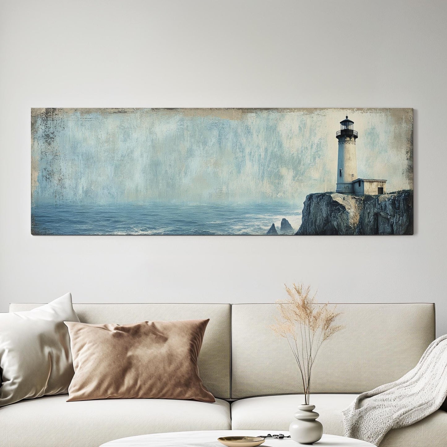 Lighthouse Coastal Canvas Art | Textured Impressionism Print | Tranquil Coastal Wall Art For Living Room Panoramic Wall Art
