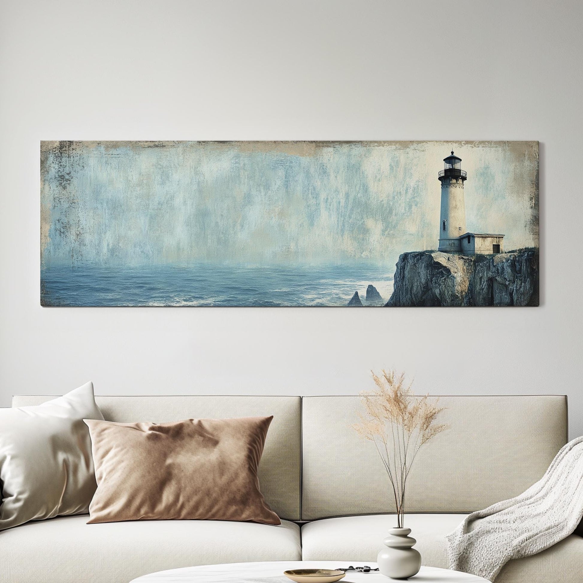 Lighthouse Coastal Canvas Art | Textured Impressionism Print | Tranquil Coastal Wall Art For Living Room Panoramic Wall Art