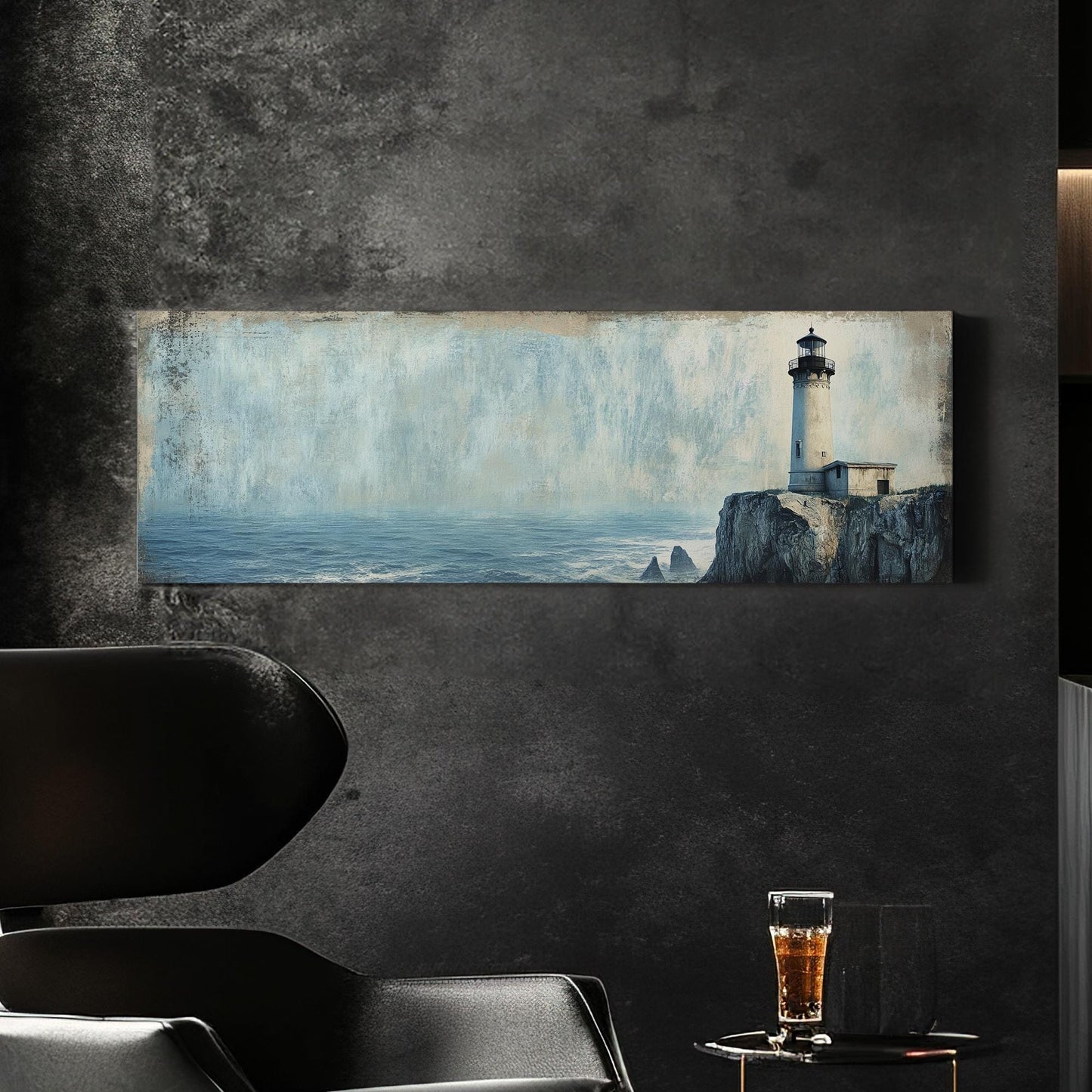 Lighthouse Coastal Canvas Art | Textured Impressionism Print | Tranquil Coastal Wall Art For Living Room Panoramic Wall Art