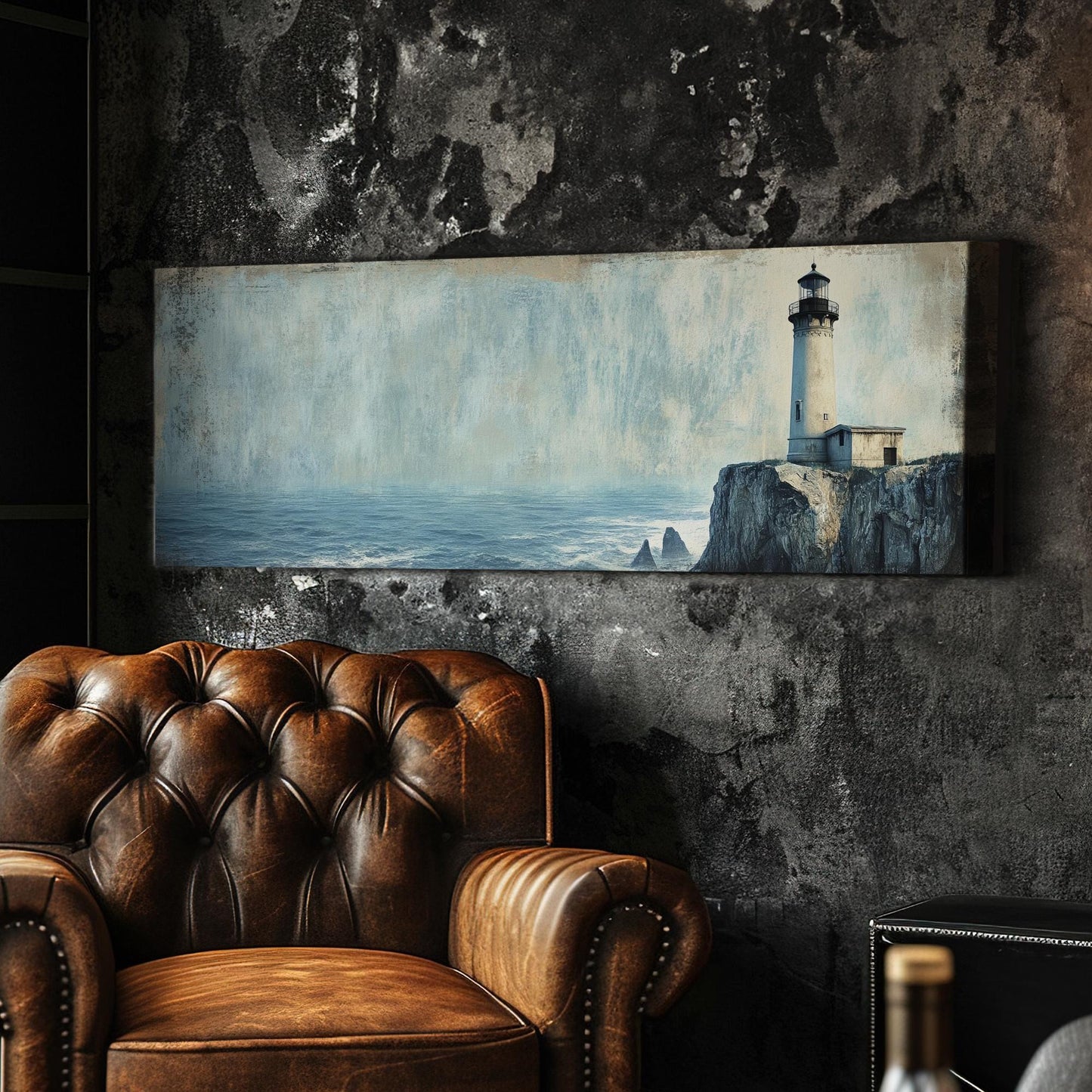 Lighthouse Coastal Canvas Art | Textured Impressionism Print | Tranquil Coastal Wall Art For Living Room Panoramic Wall Art