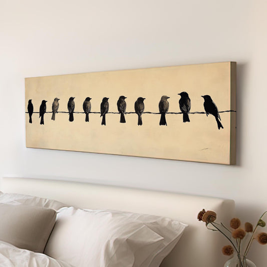 Linear Bird Silhouette Canvas Art | Monochromatic Linocut Print | Minimalist Wall Art For Above Couch | Bone White Art Panoramic Wall Art