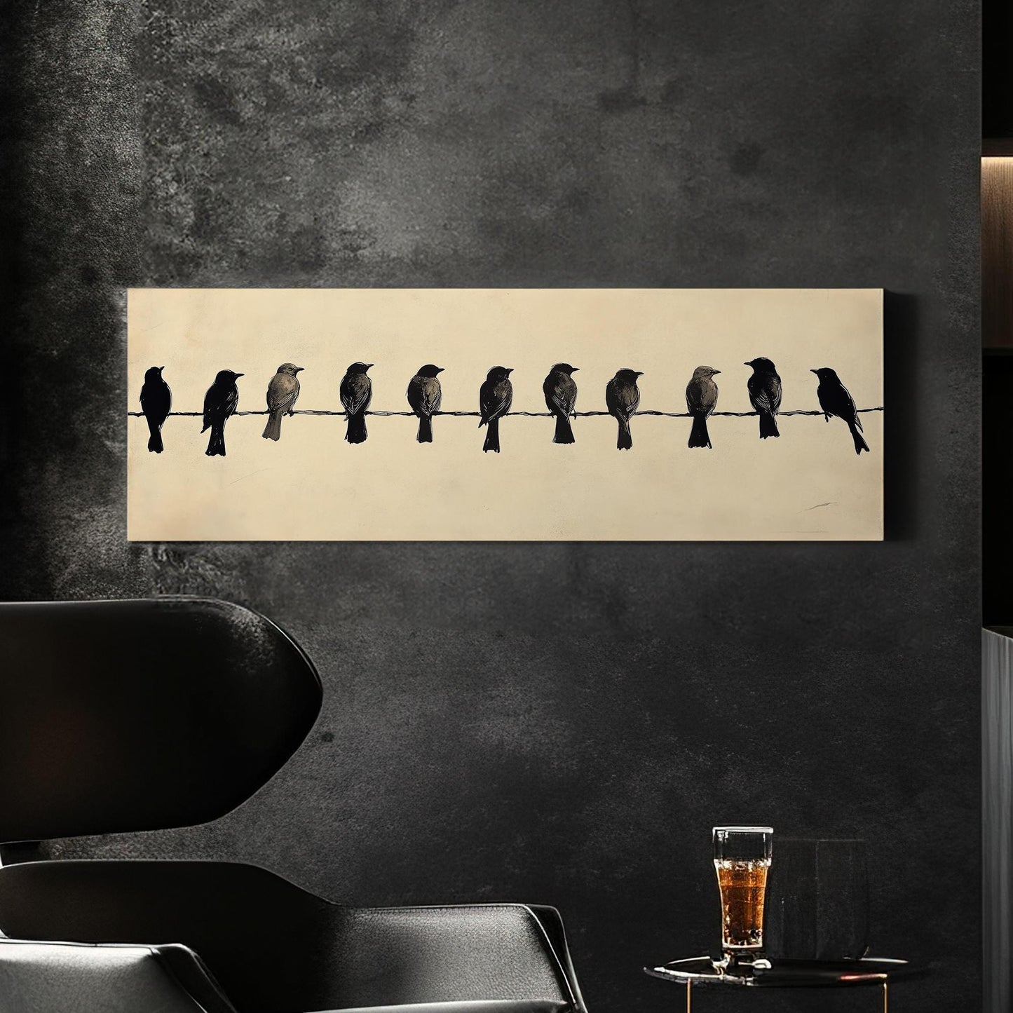 Linear Bird Silhouette Canvas Art | Monochromatic Linocut Print | Minimalist Wall Art For Above Couch | Bone White Art Panoramic Wall Art