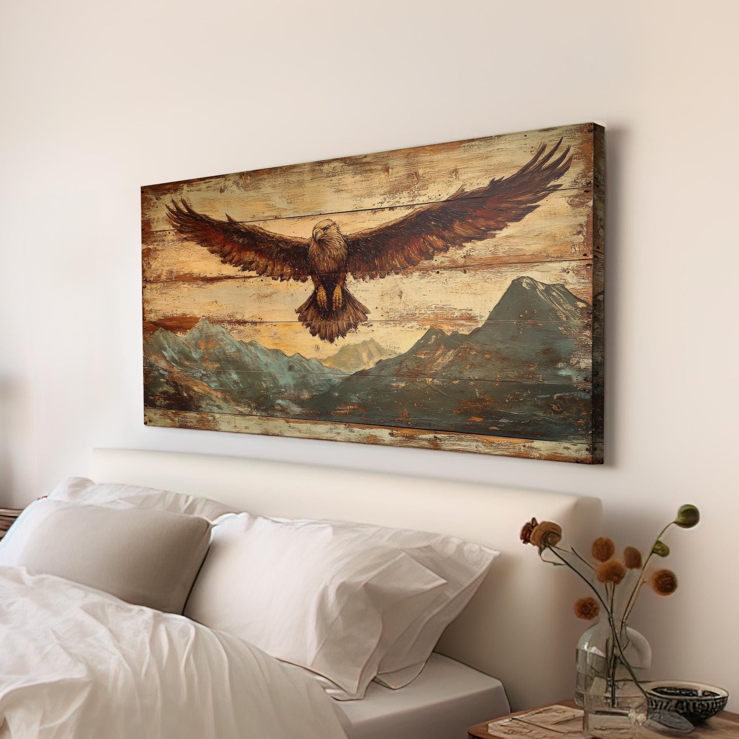 Majestic Eagle Canvas Art | Reclaimed Wood Print | Bohemian Wall Art For Living Room | Antique Gold Art Horizontal Art