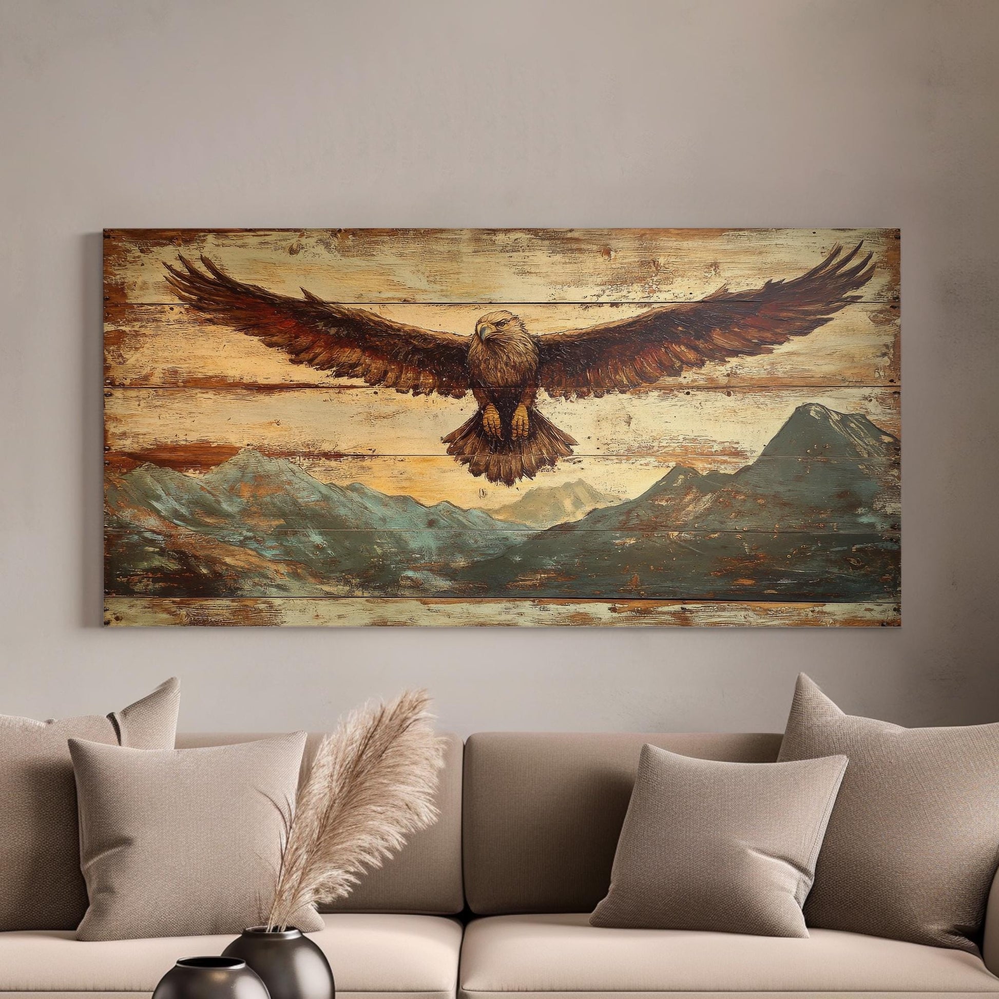 Majestic Eagle Canvas Art | Reclaimed Wood Print | Bohemian Wall Art For Living Room | Antique Gold Art Horizontal Art