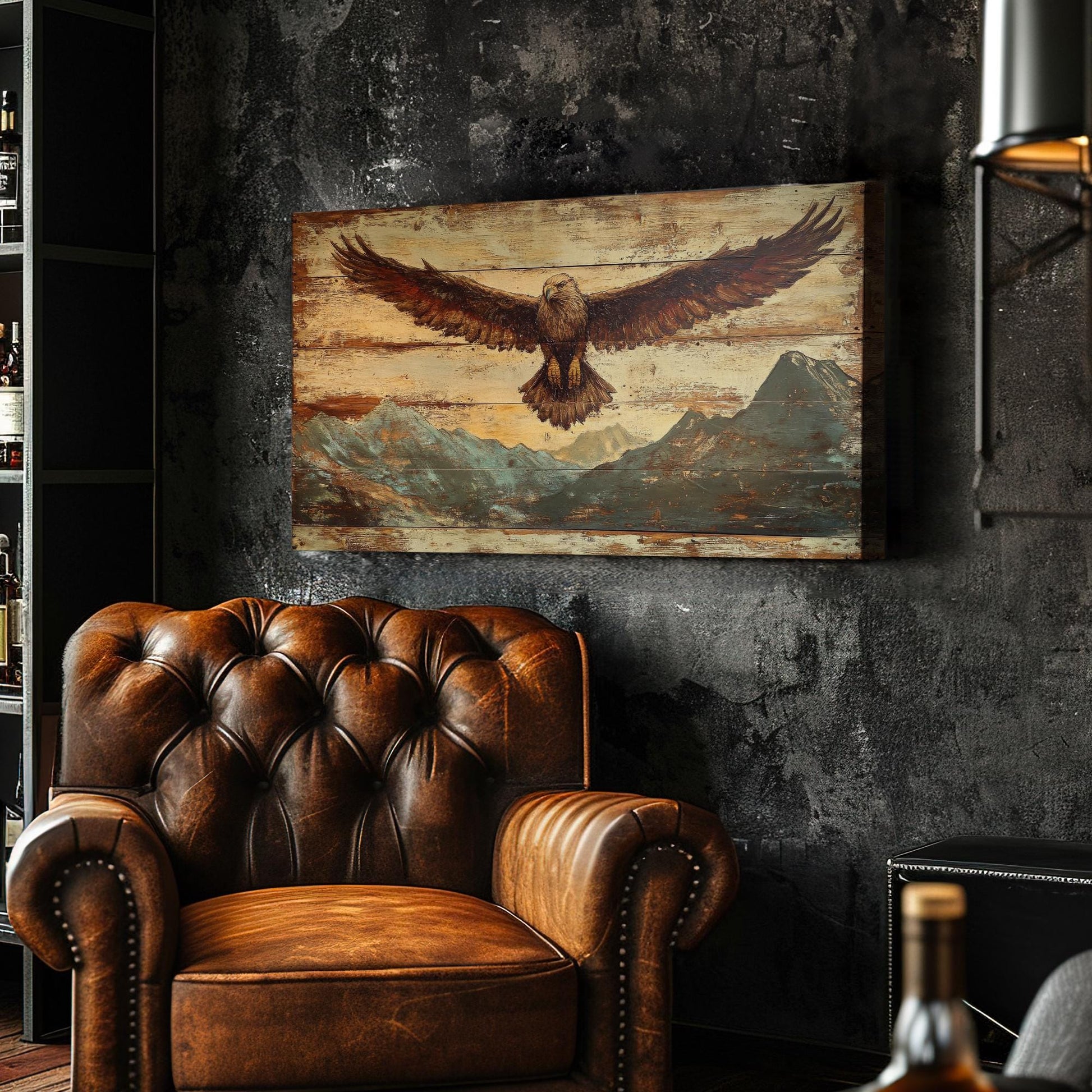 Majestic Eagle Canvas Art | Reclaimed Wood Print | Bohemian Wall Art For Living Room | Antique Gold Art Horizontal Art