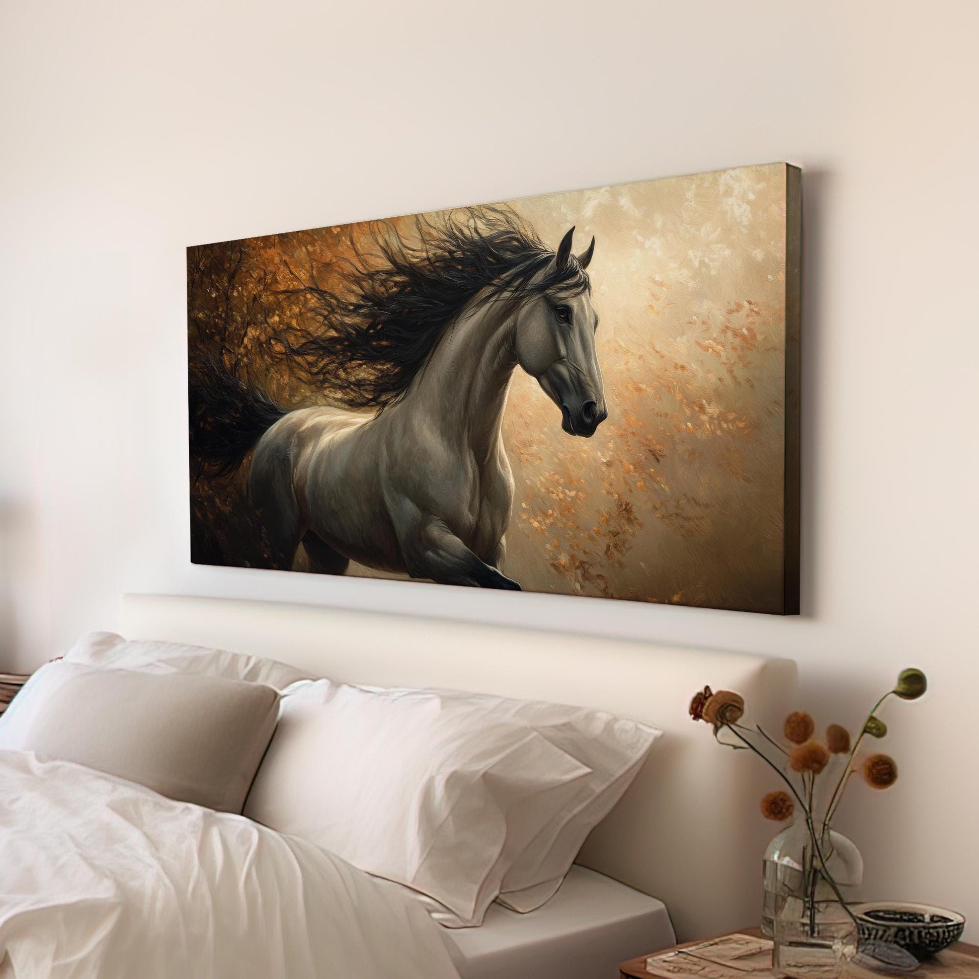 Majestic Stallion Canvas Art | Impasto Impressionism Print | Eclectic Wall Art For Living Room | Warm Taupe Bronze Art Horizontal Art