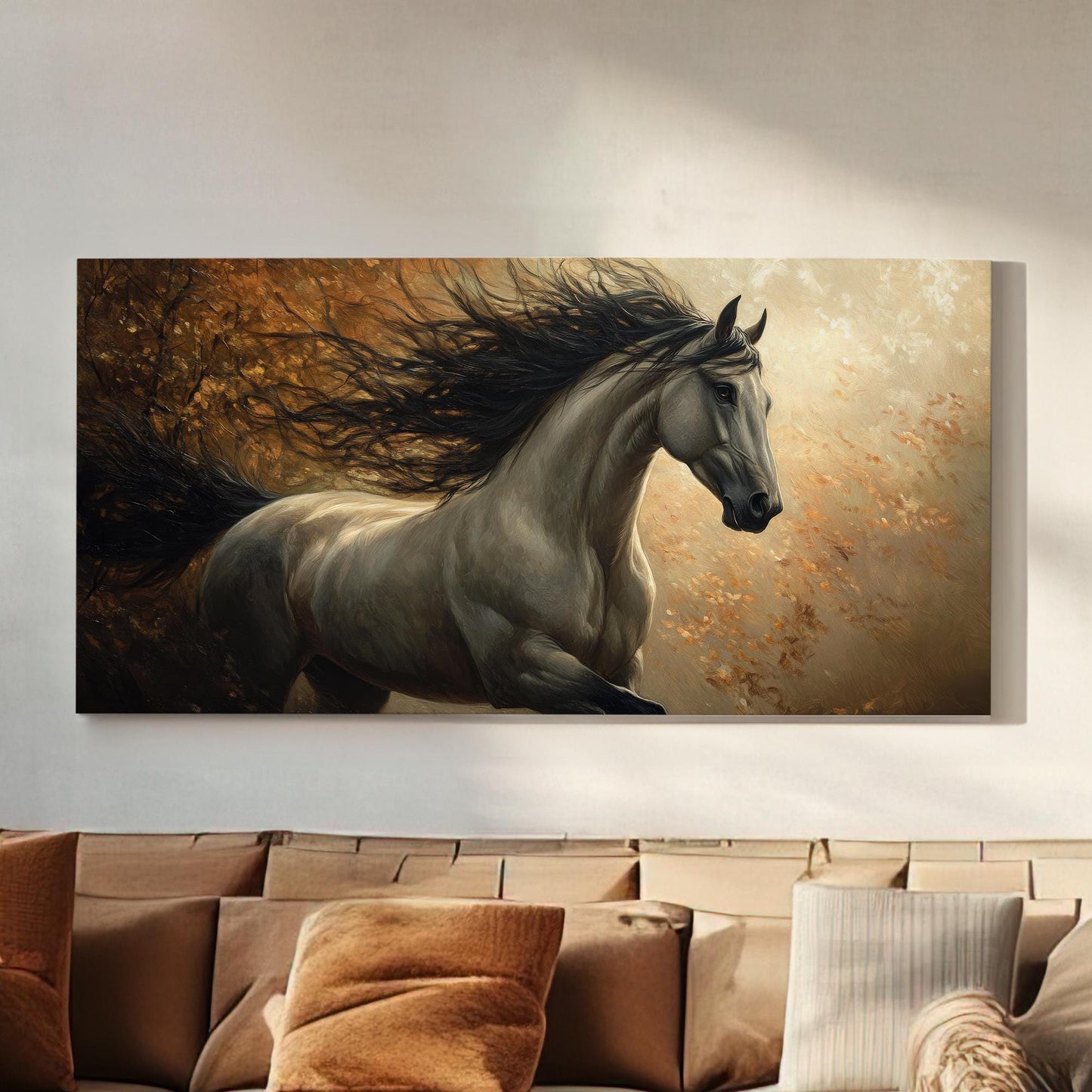 Majestic Stallion Canvas Art | Impasto Impressionism Print | Eclectic Wall Art For Living Room | Warm Taupe Bronze Art Horizontal Art