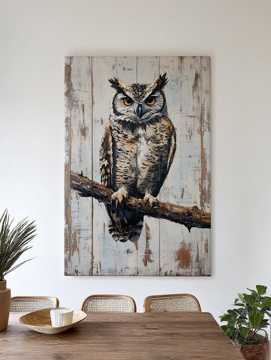 Majestic Owl Canvas Art | Impasto Palette Knife Print | Bohemian Wall Art For Living Room | Driftwood White Art Vertical Canvas
