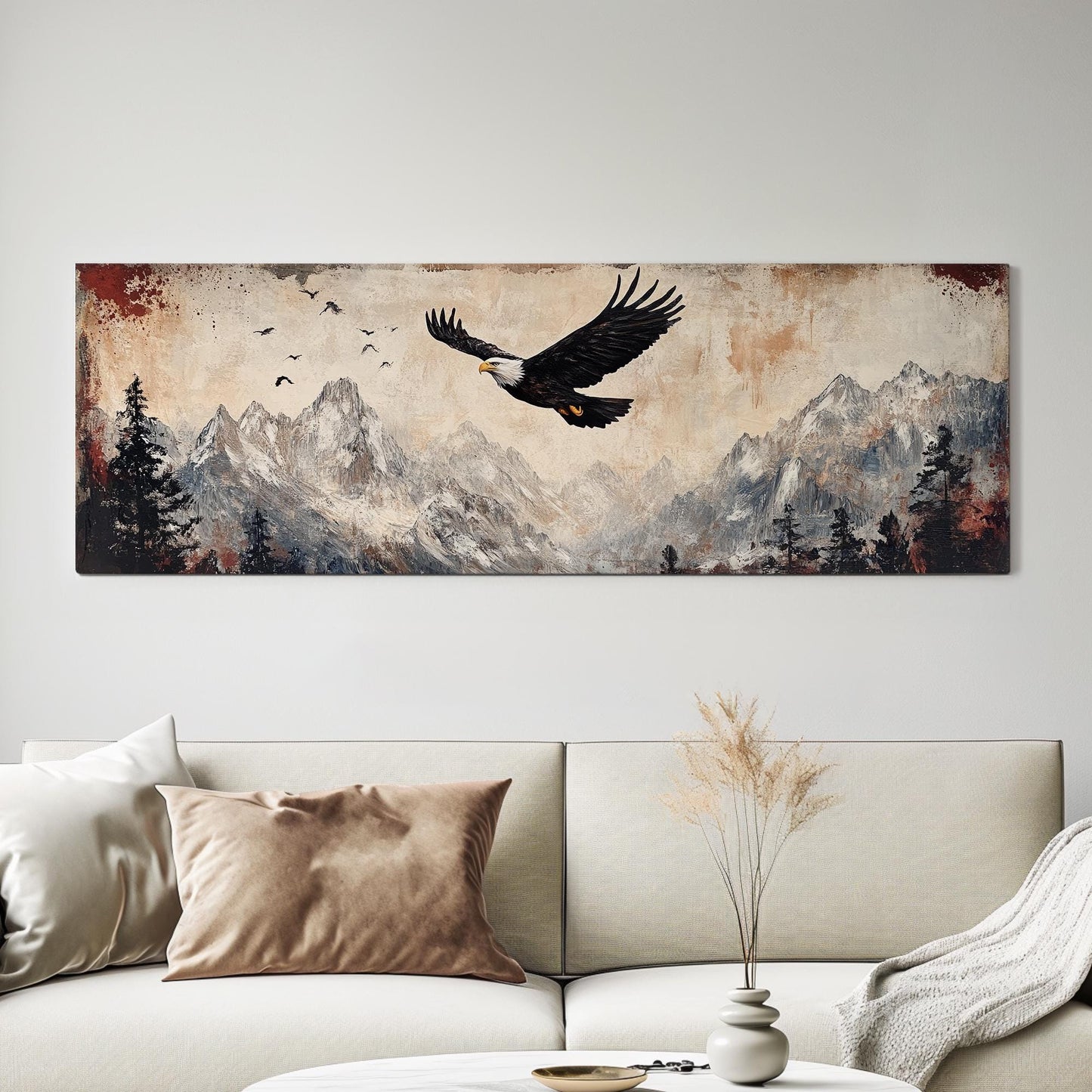 Majestic Eagle Soaring Canvas Art | Impasto Print | Mountain Modern Wall Art For Living Room | Desert Sunset Art Panoramic Wall Art
