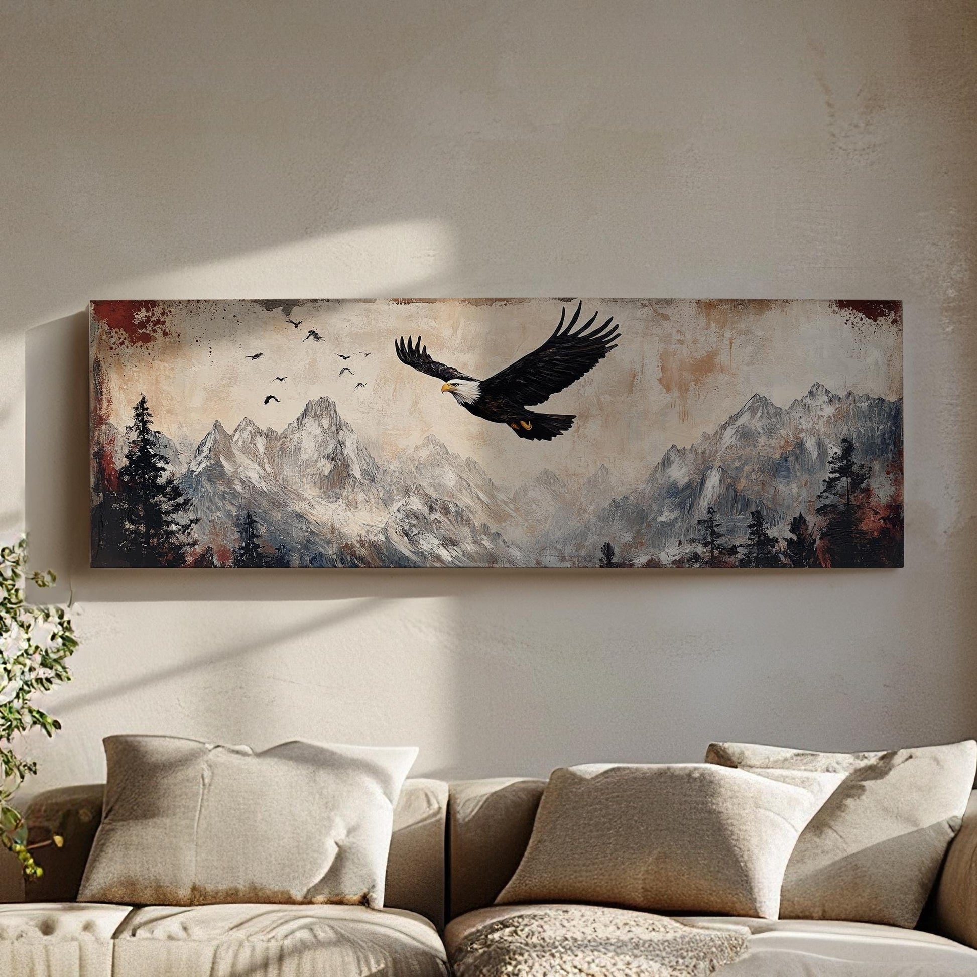 Majestic Eagle Soaring Canvas Art | Impasto Print | Mountain Modern Wall Art For Living Room | Desert Sunset Art Panoramic Wall Art
