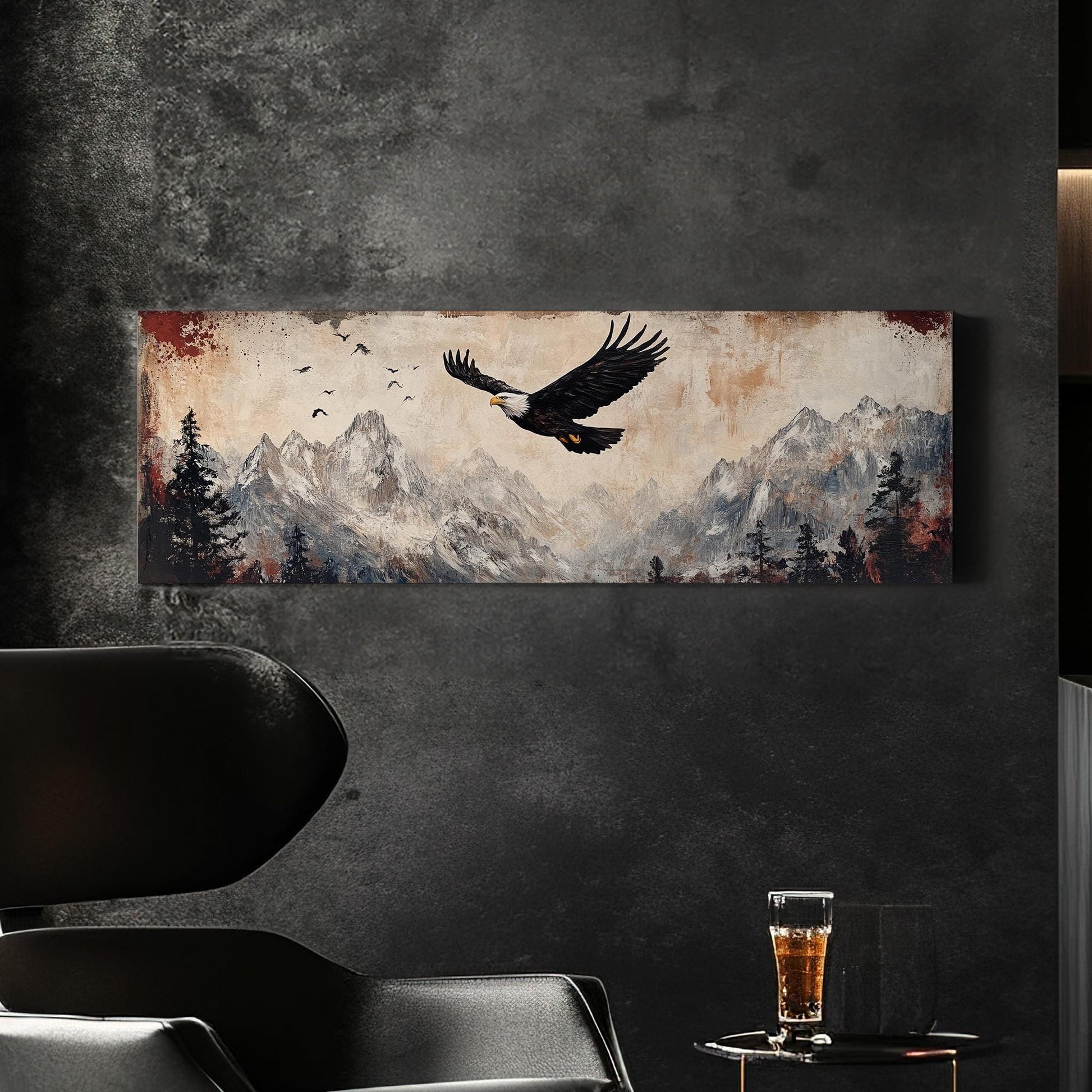 Majestic Eagle Soaring Canvas Art | Impasto Print | Mountain Modern Wall Art For Living Room | Desert Sunset Art Panoramic Wall Art