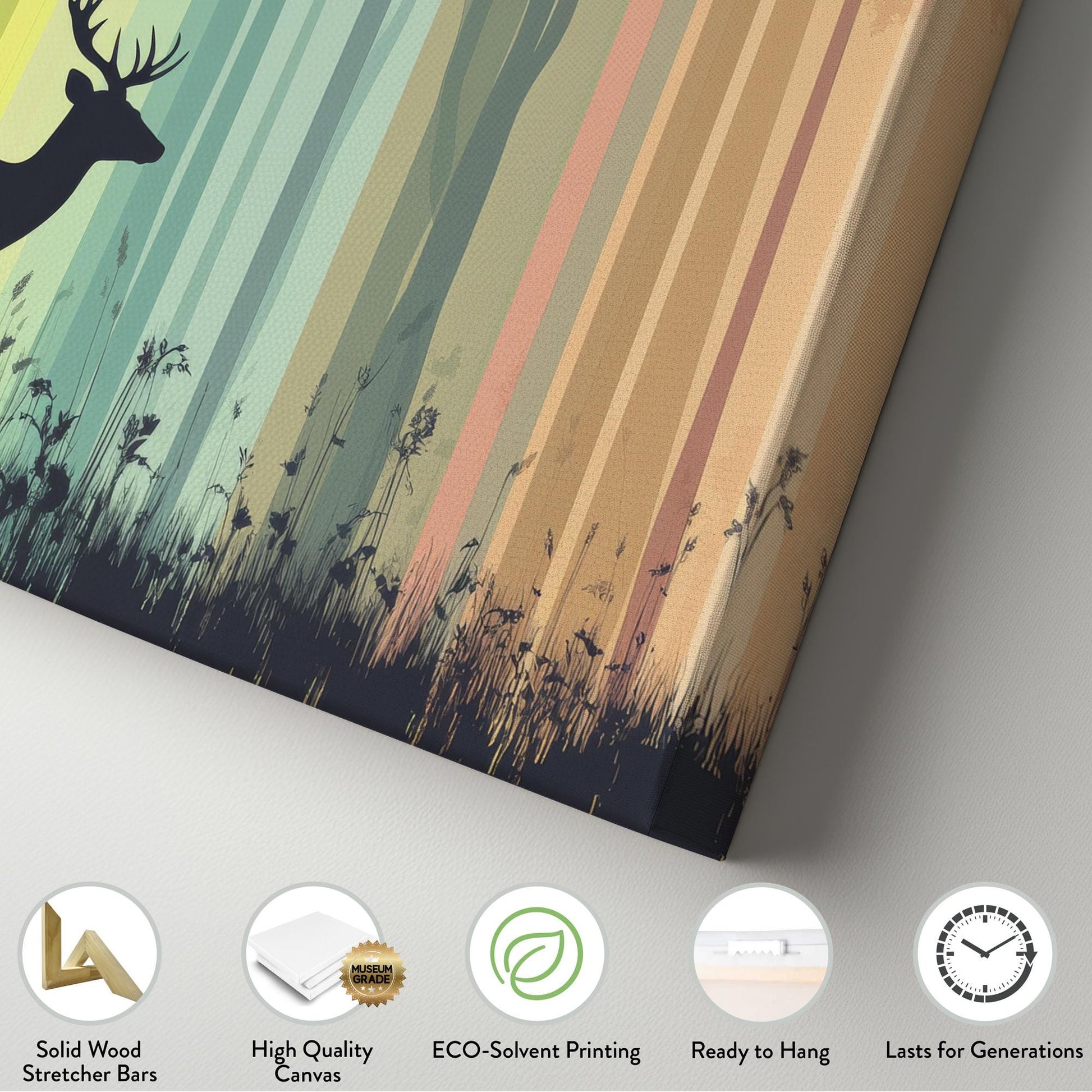 Majestic Deer Silhouette Canvas Art | Bohemian Minimalist Print | Biophilic Wall Art For Living Room | Earthy Ochre Art Horizontal Art