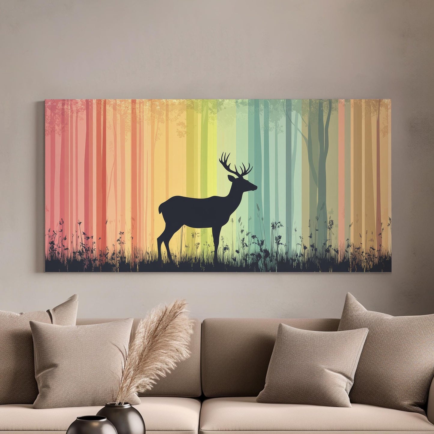 Majestic Deer Silhouette Canvas Art | Bohemian Minimalist Print | Biophilic Wall Art For Living Room | Earthy Ochre Art Horizontal Art