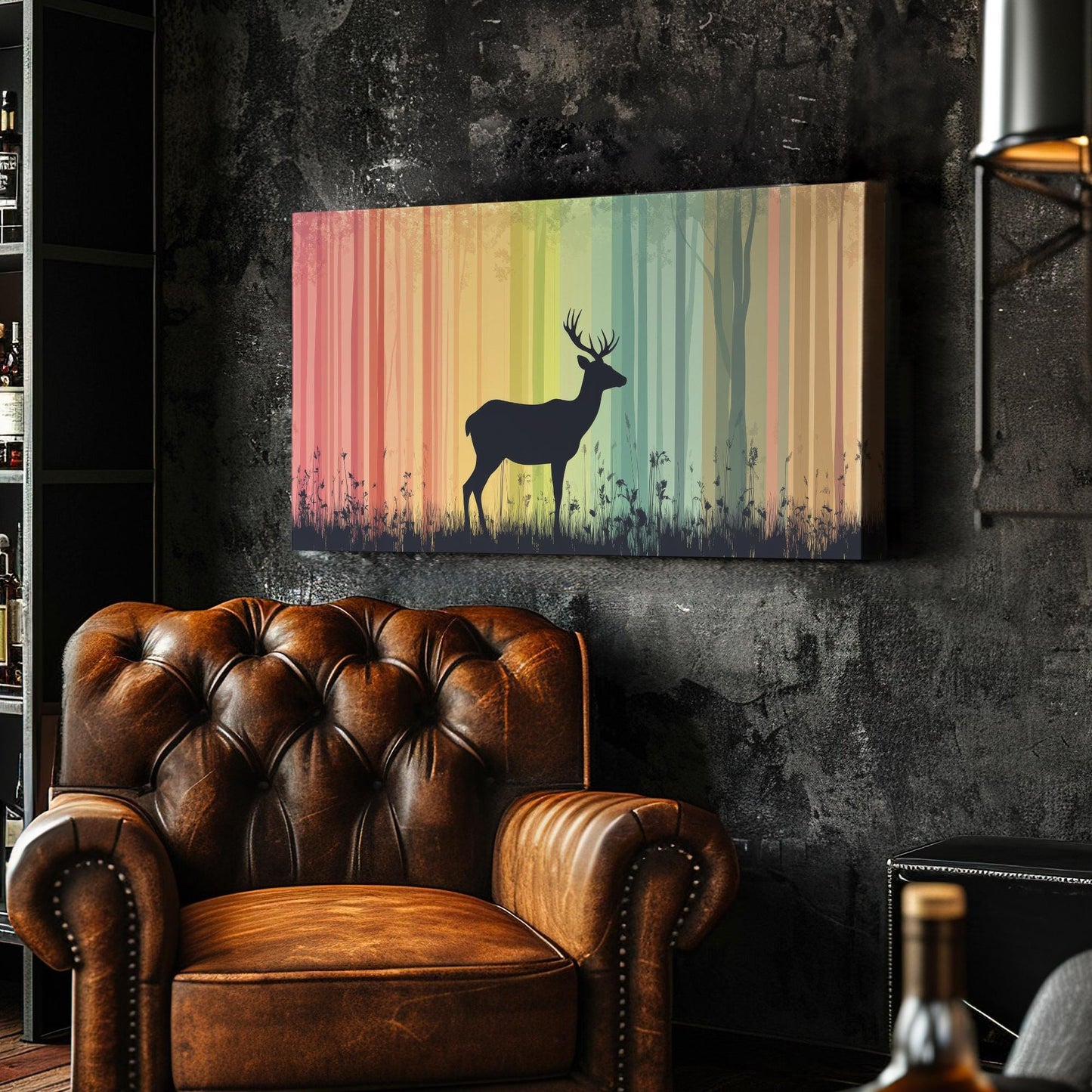 Majestic Deer Silhouette Canvas Art | Bohemian Minimalist Print | Biophilic Wall Art For Living Room | Earthy Ochre Art Horizontal Art