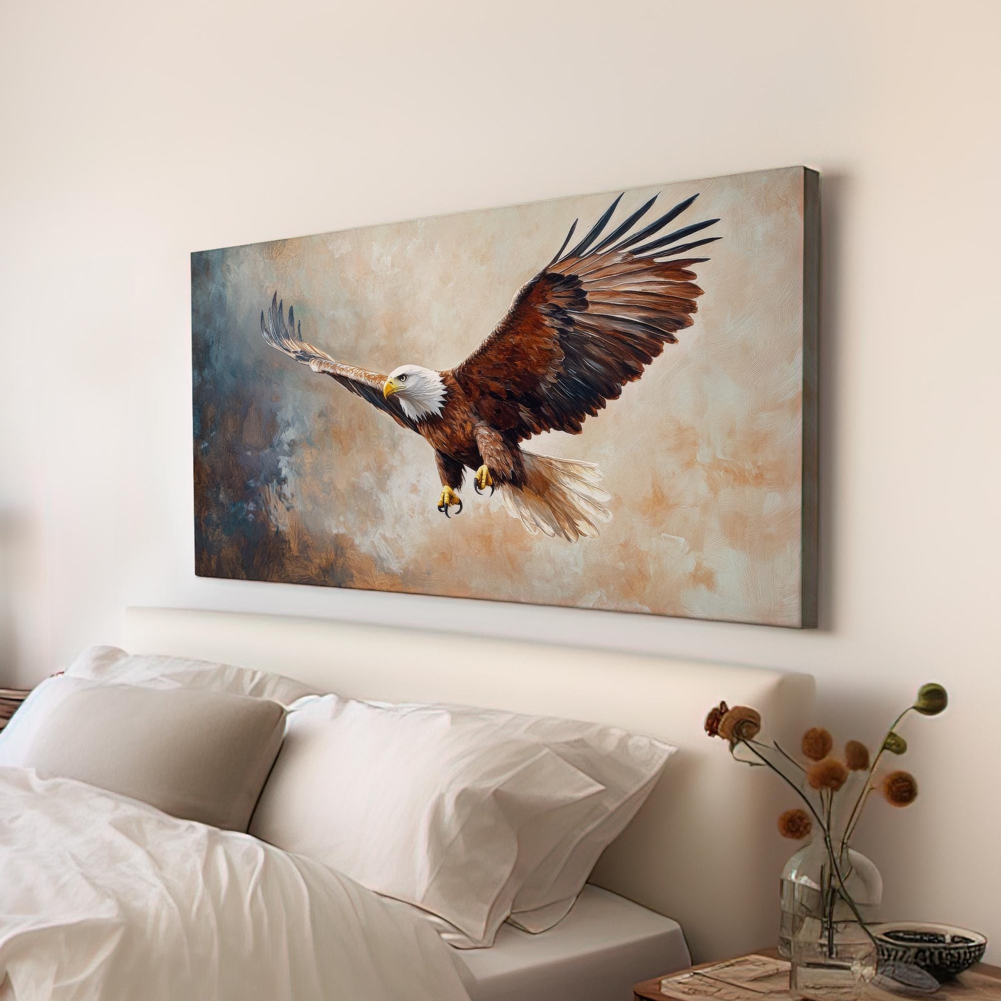 Majestic Bald Eagle Canvas Art | Impasto Painting Print | Bohemian Wall Art For Living Room | Sandstone Hues Art Horizontal Art