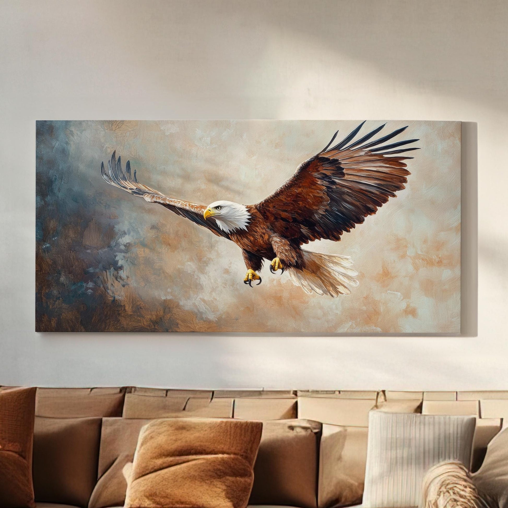 Majestic Bald Eagle Canvas Art | Impasto Painting Print | Bohemian Wall Art For Living Room | Sandstone Hues Art Horizontal Art