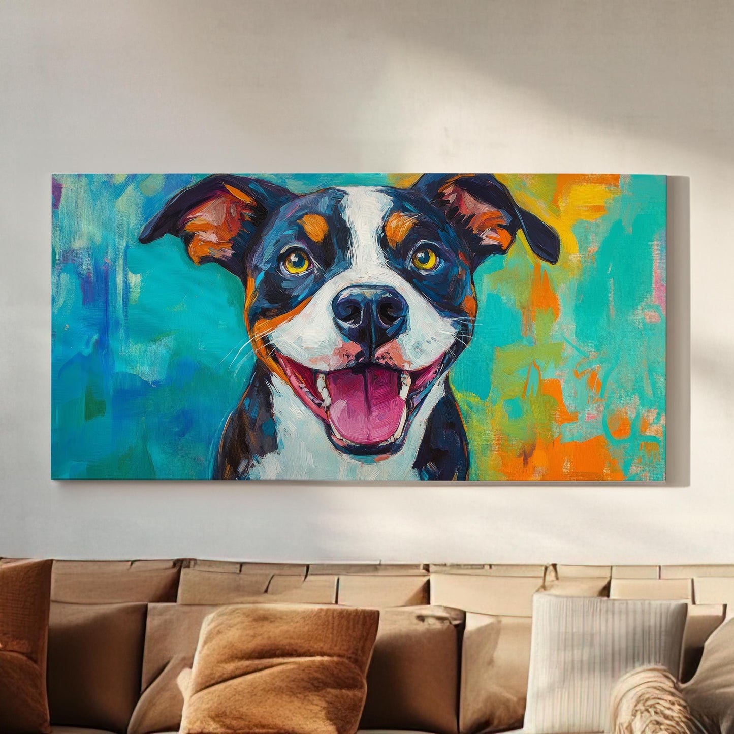 Joyful Beagle Canvas Art | Impasto Dog Print | Bohemian Modern Wall Art For Living Room | Cerulean Tangerine Art Horizontal Art