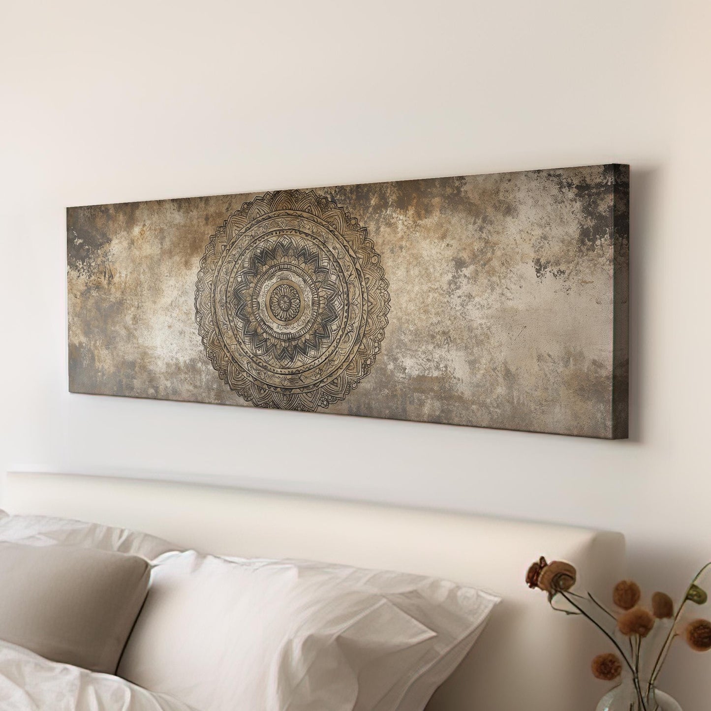 Intricate Mandala Canvas Art | Layered Mandala Print | Bohemian Wall Art For Living Room | Taupe Oatmeal Art | Zen Decor Panoramic Wall Art