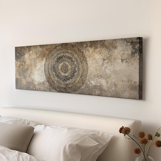 Intricate Mandala Canvas Art | Layered Mandala Print | Bohemian Wall Art For Living Room | Taupe Oatmeal Art | Zen Decor Panoramic Wall Art