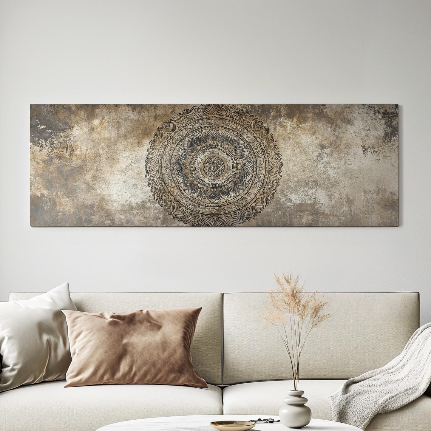 Intricate Mandala Canvas Art | Layered Mandala Print | Bohemian Wall Art For Living Room | Taupe Oatmeal Art | Zen Decor Panoramic Wall Art