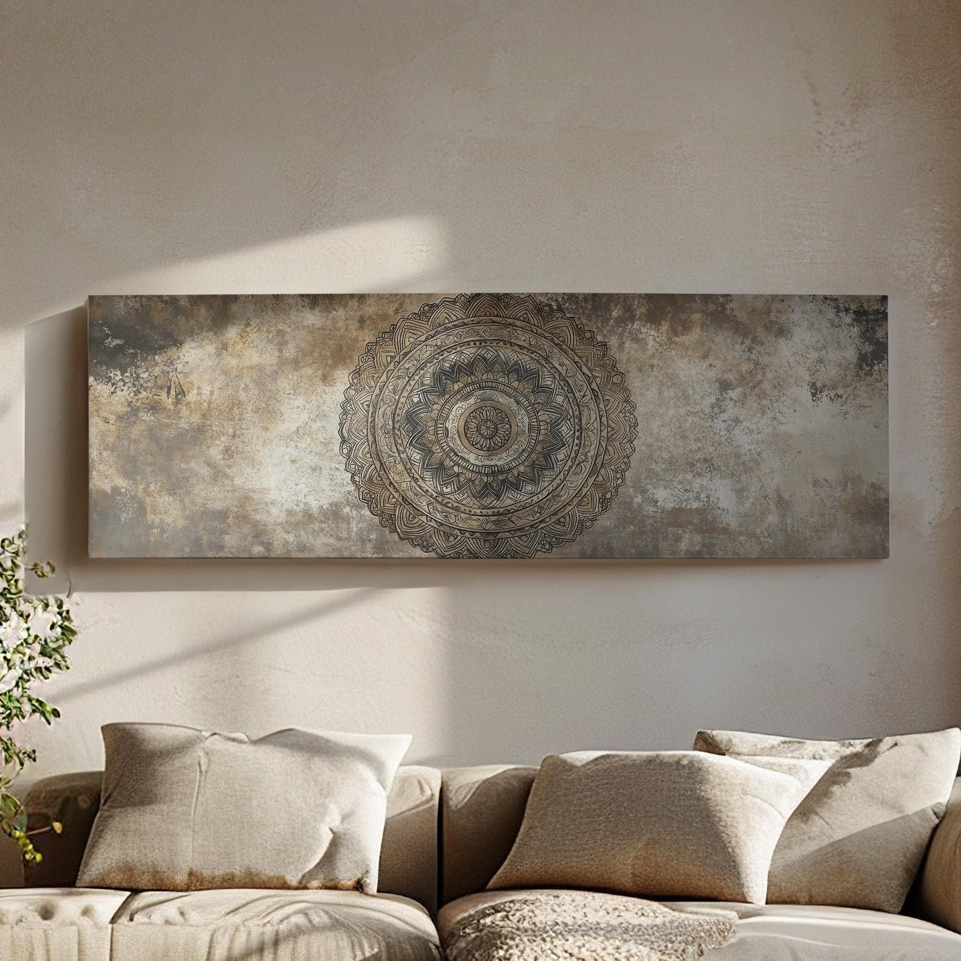 Intricate Mandala Canvas Art | Layered Mandala Print | Bohemian Wall Art For Living Room | Taupe Oatmeal Art | Zen Decor Panoramic Wall Art