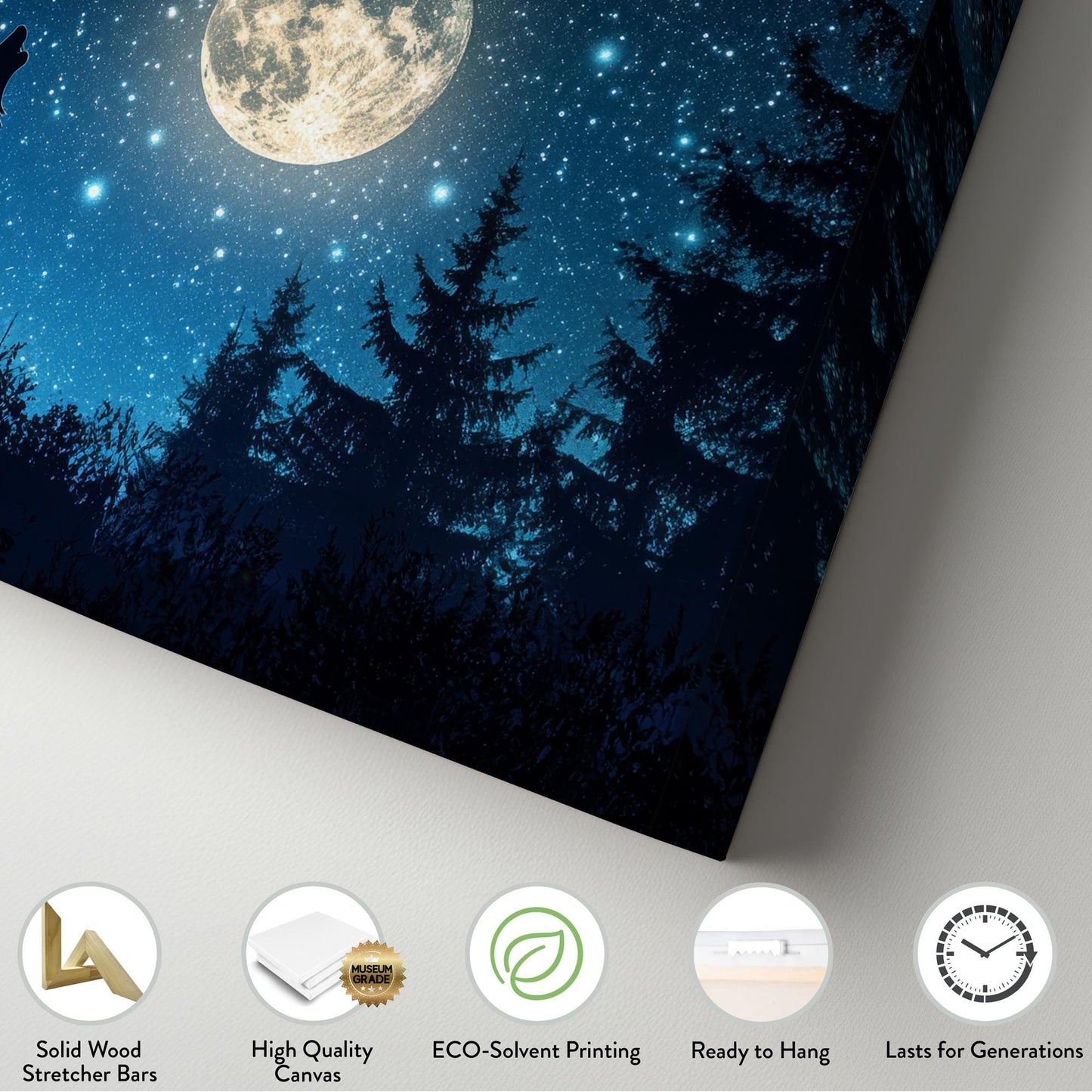 Howling Wolf Canvas Art | Silhouette Print | Bohemian Wall Art For Bedroom | Moonlit Night Sky Art | Tranquil Decor Horizontal Art