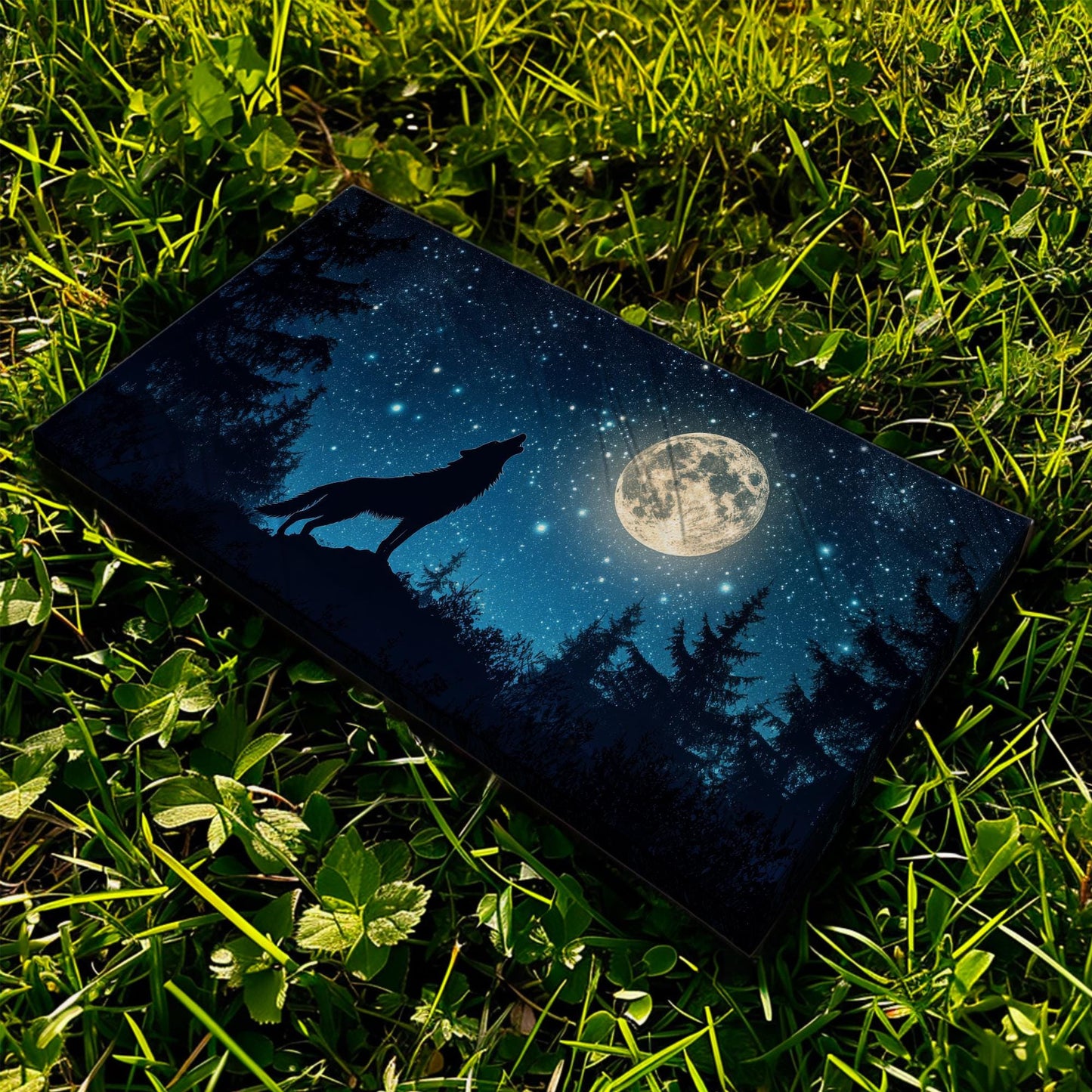 Howling Wolf Canvas Art | Silhouette Print | Bohemian Wall Art For Bedroom | Moonlit Night Sky Art | Tranquil Decor Horizontal Art