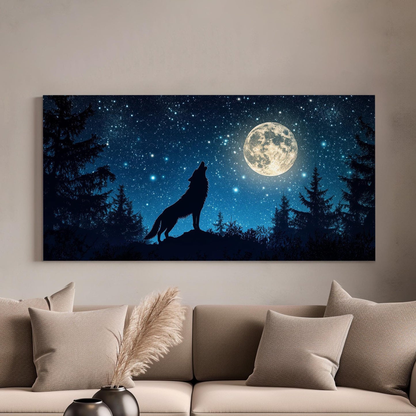 Howling Wolf Canvas Art | Silhouette Print | Bohemian Wall Art For Bedroom | Moonlit Night Sky Art | Tranquil Decor Horizontal Art
