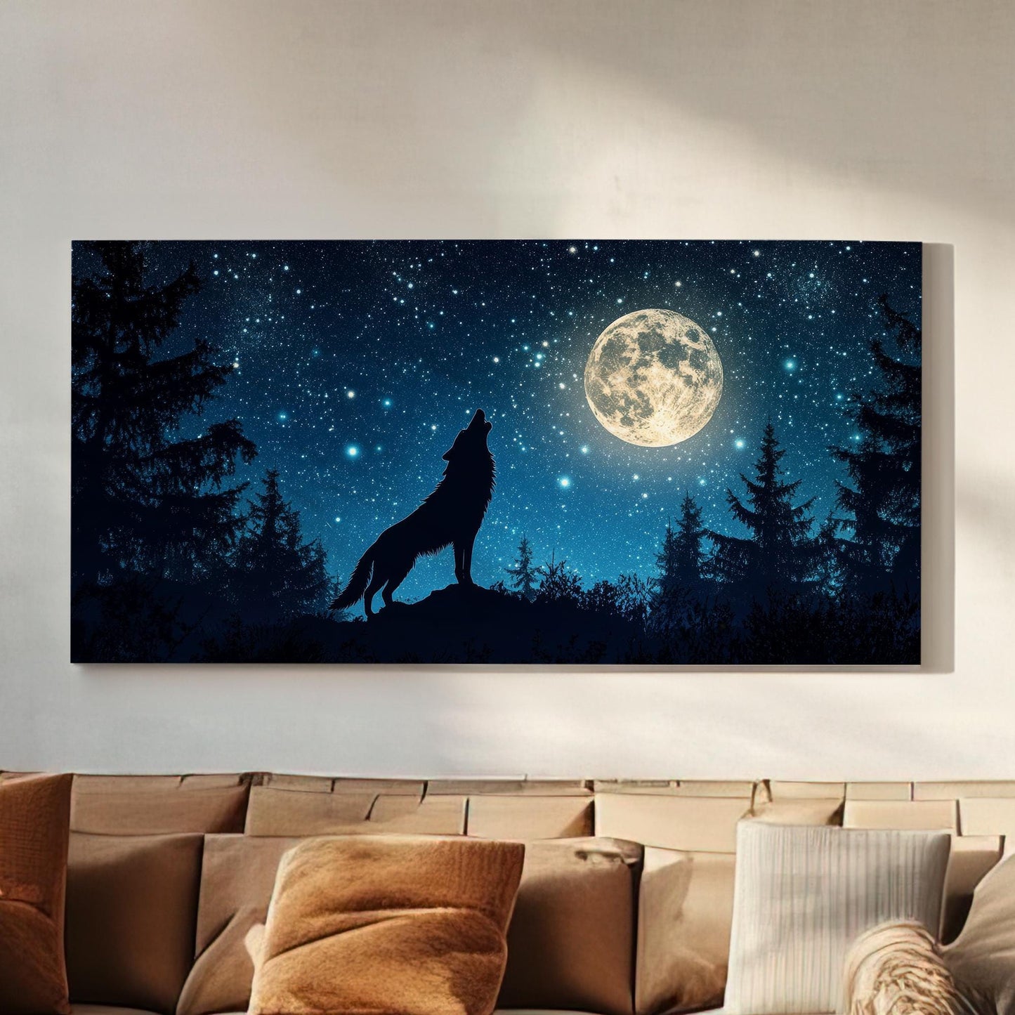Howling Wolf Canvas Art | Silhouette Print | Bohemian Wall Art For Bedroom | Moonlit Night Sky Art | Tranquil Decor Horizontal Art