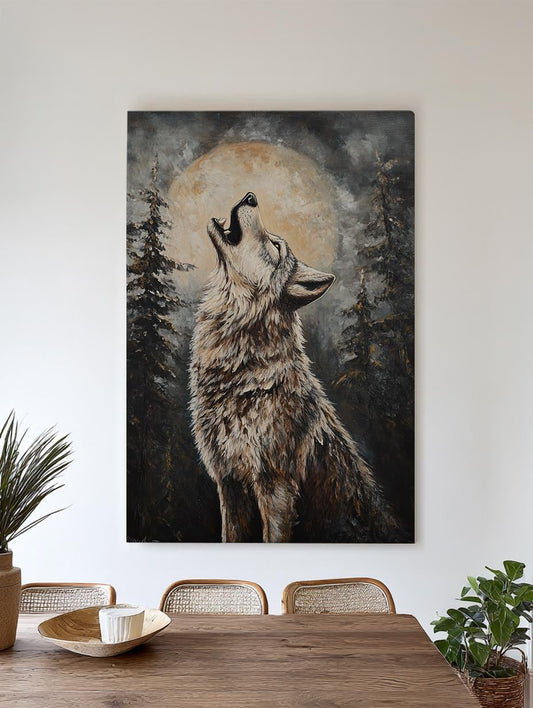 Howling Wolf Canvas Art | Impasto Painting Print | Bohemian Wall Art For Living Room | Moonlit Timberwolf Art Vertical Canvas