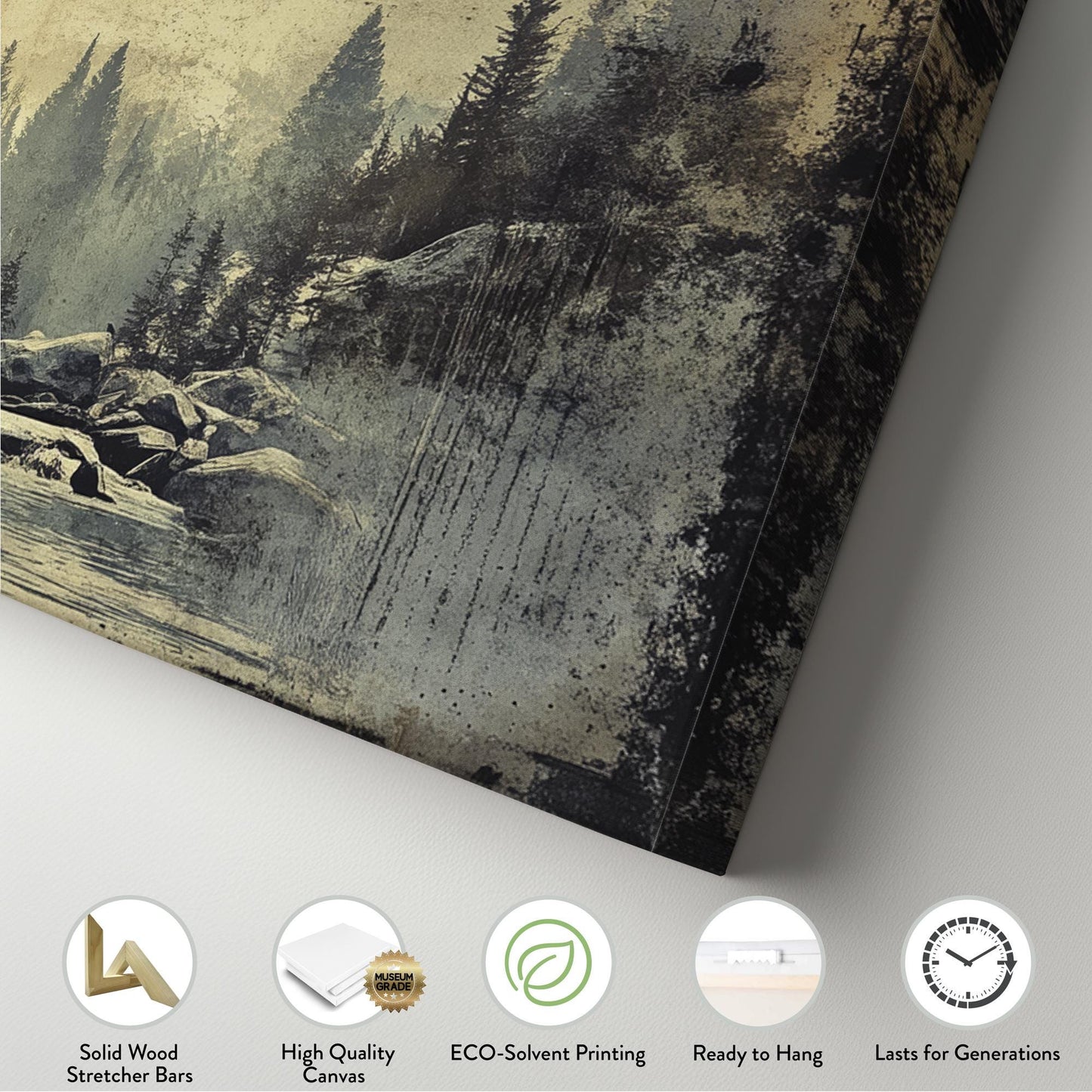 Grizzly Bear Solitude Canvas Art | Distressed Vintage Print | Mountain Modern Wall Art For Living Room | Smoky Quartz Art Panoramic Wall Art