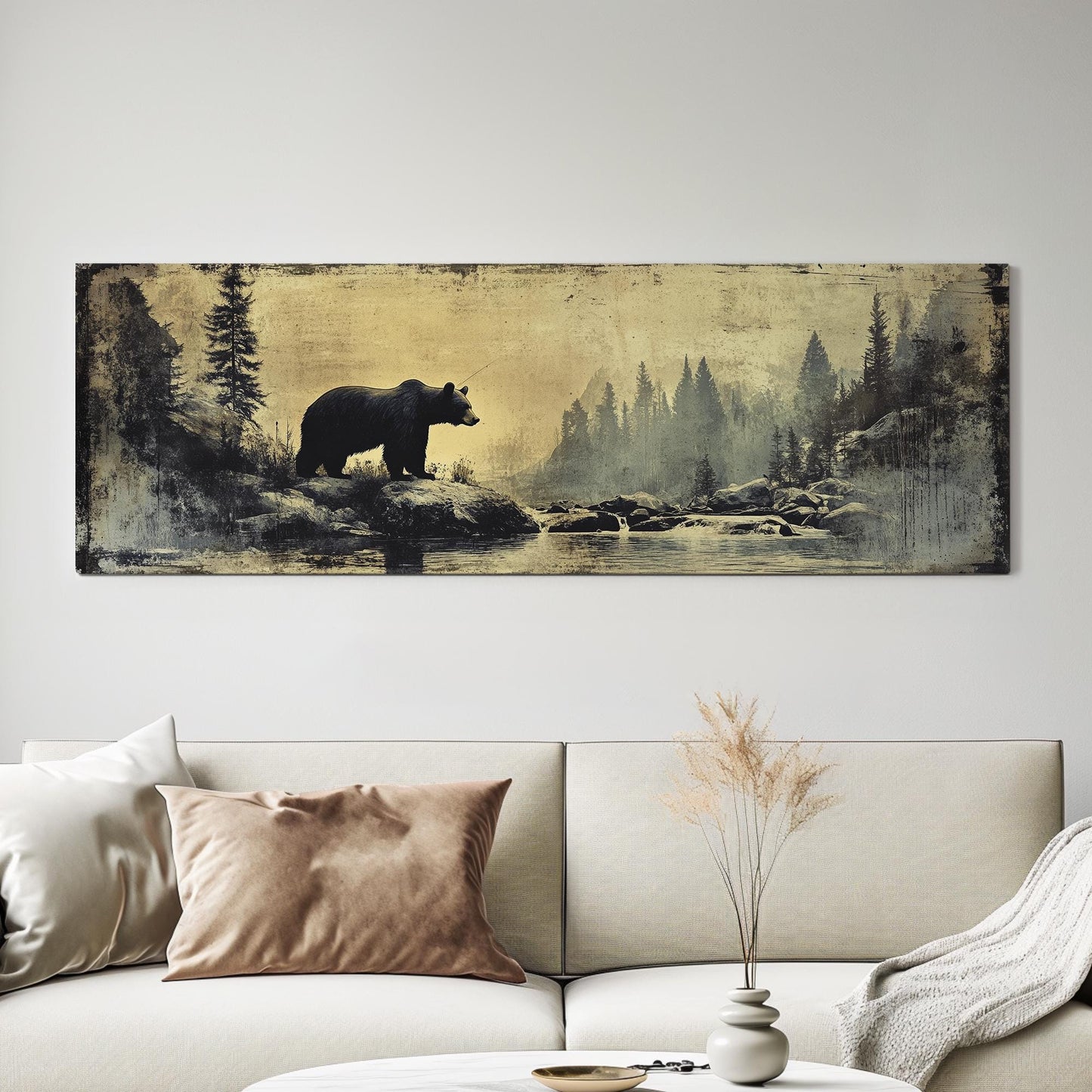 Grizzly Bear Solitude Canvas Art | Distressed Vintage Print | Mountain Modern Wall Art For Living Room | Smoky Quartz Art Panoramic Wall Art