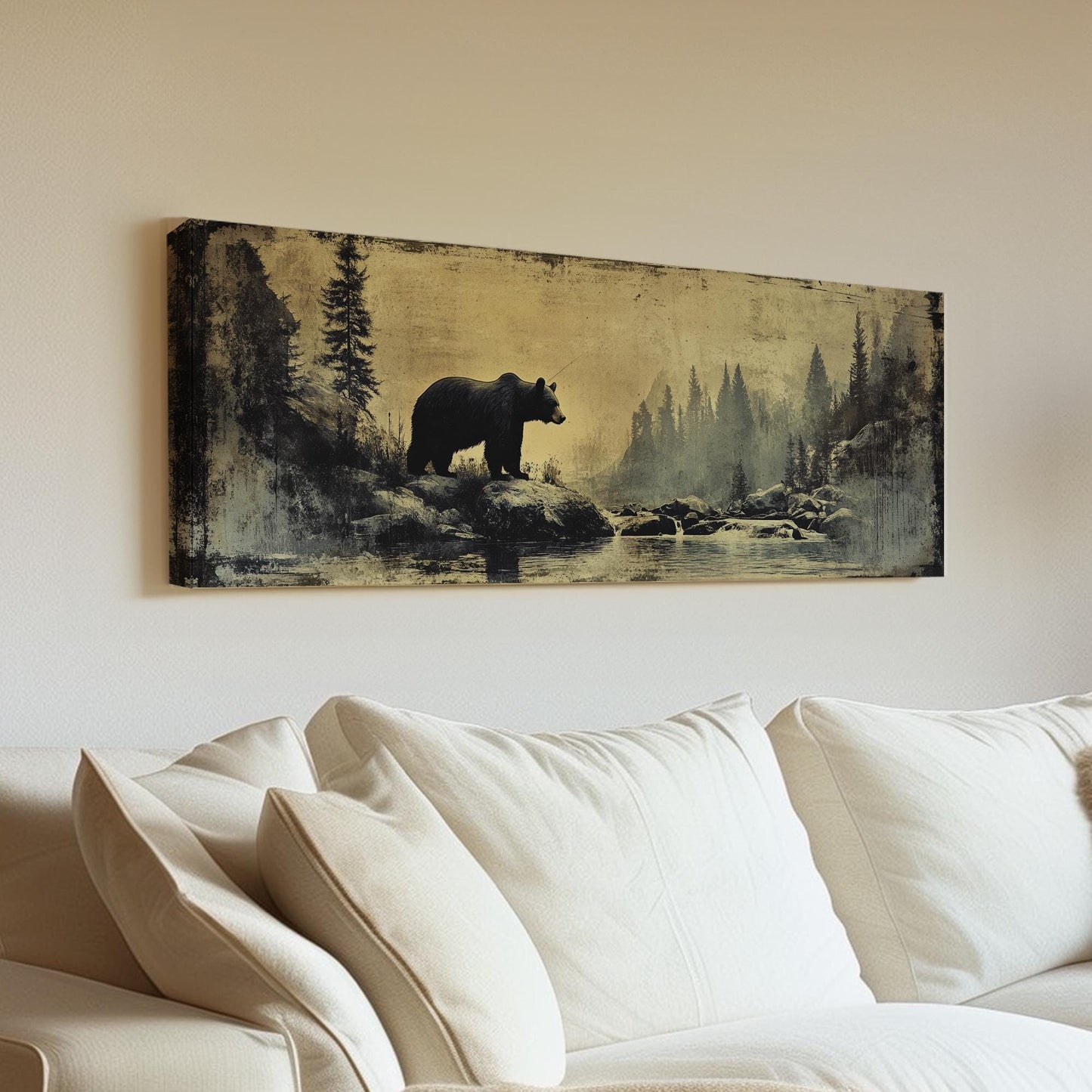 Grizzly Bear Solitude Canvas Art | Distressed Vintage Print | Mountain Modern Wall Art For Living Room | Smoky Quartz Art Panoramic Wall Art