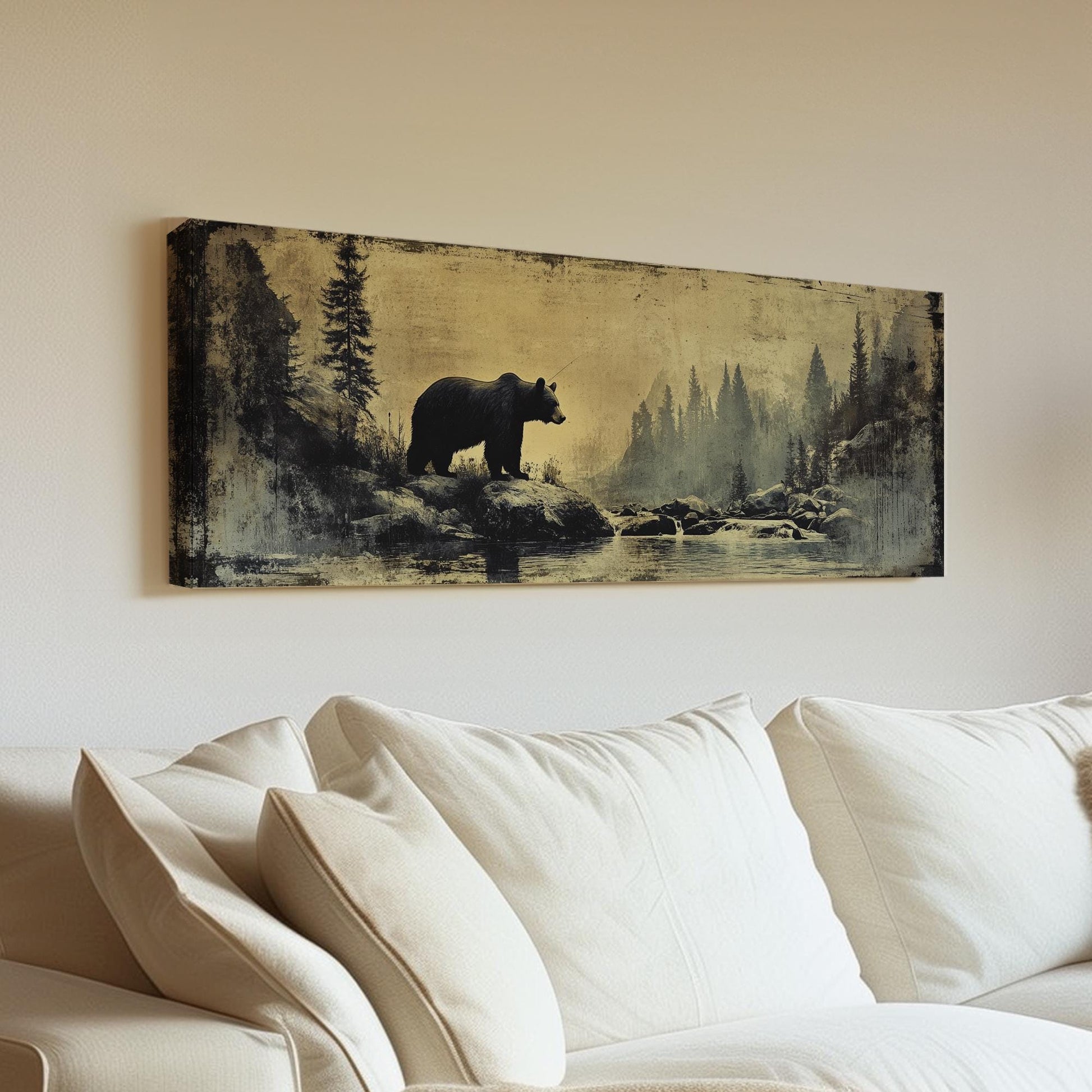 Grizzly Bear Solitude Canvas Art | Distressed Vintage Print | Mountain Modern Wall Art For Living Room | Smoky Quartz Art Panoramic Wall Art
